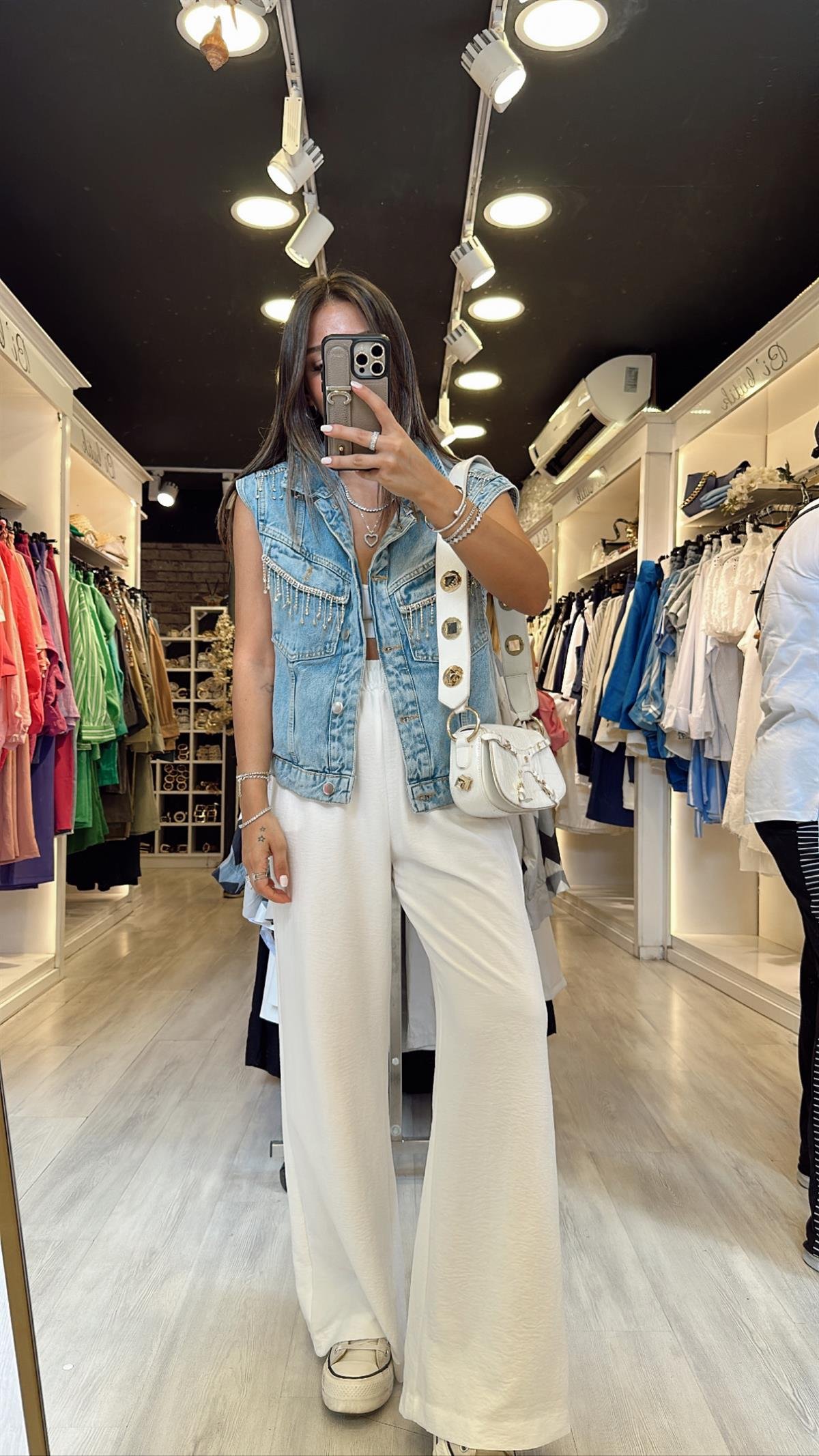Beyaz Beli Lastikli Tensel Bol Paça Pantolon