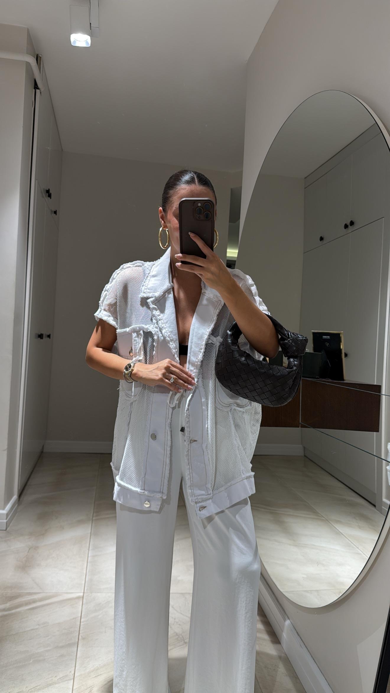 Beyaz Jean Detaylı File Yelek