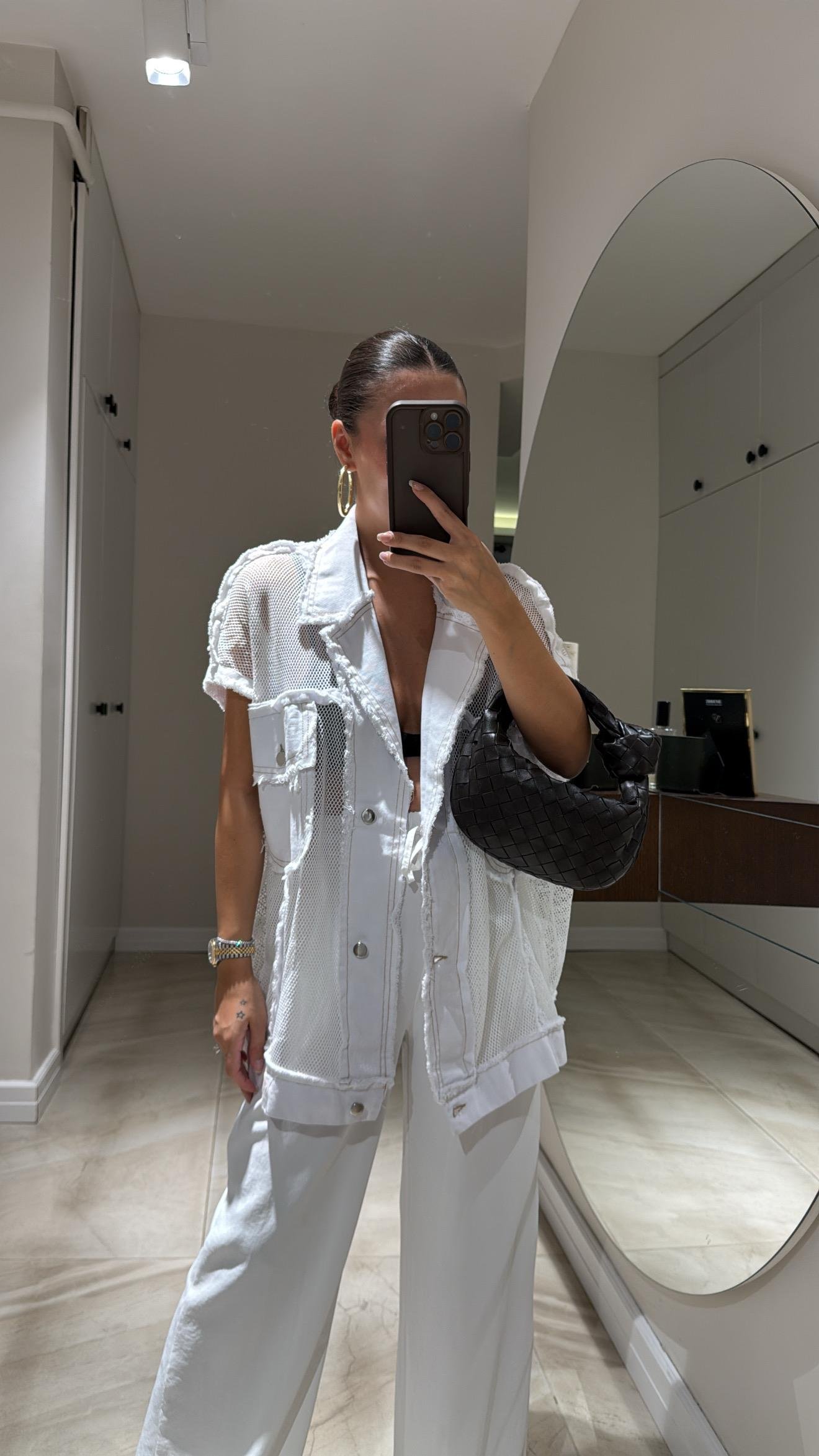 Beyaz Jean Detaylı File Yelek