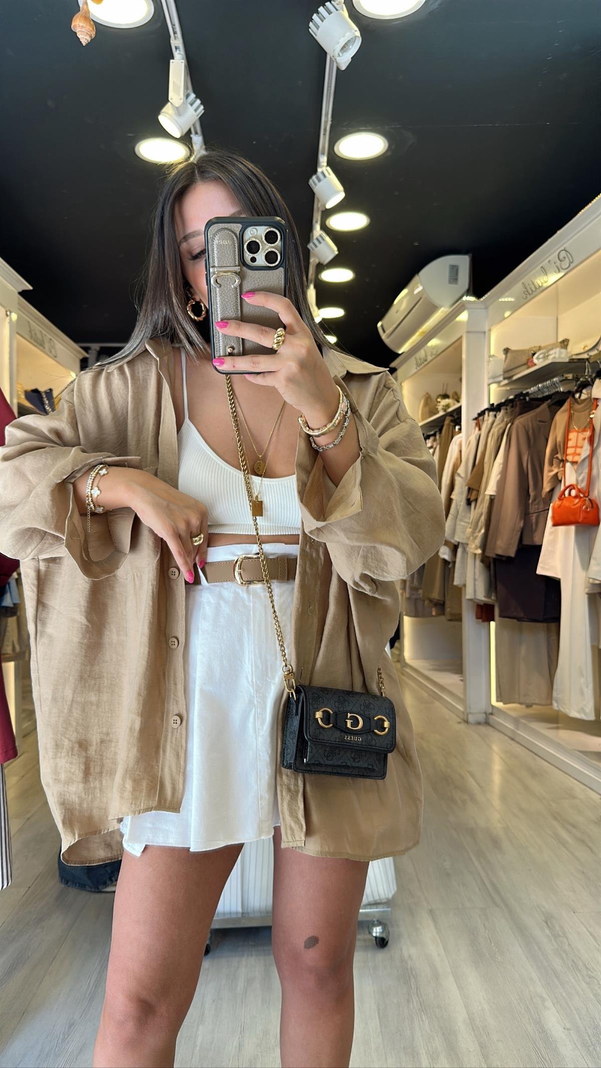 Beyaz Kemerli Pileli Keten Etek