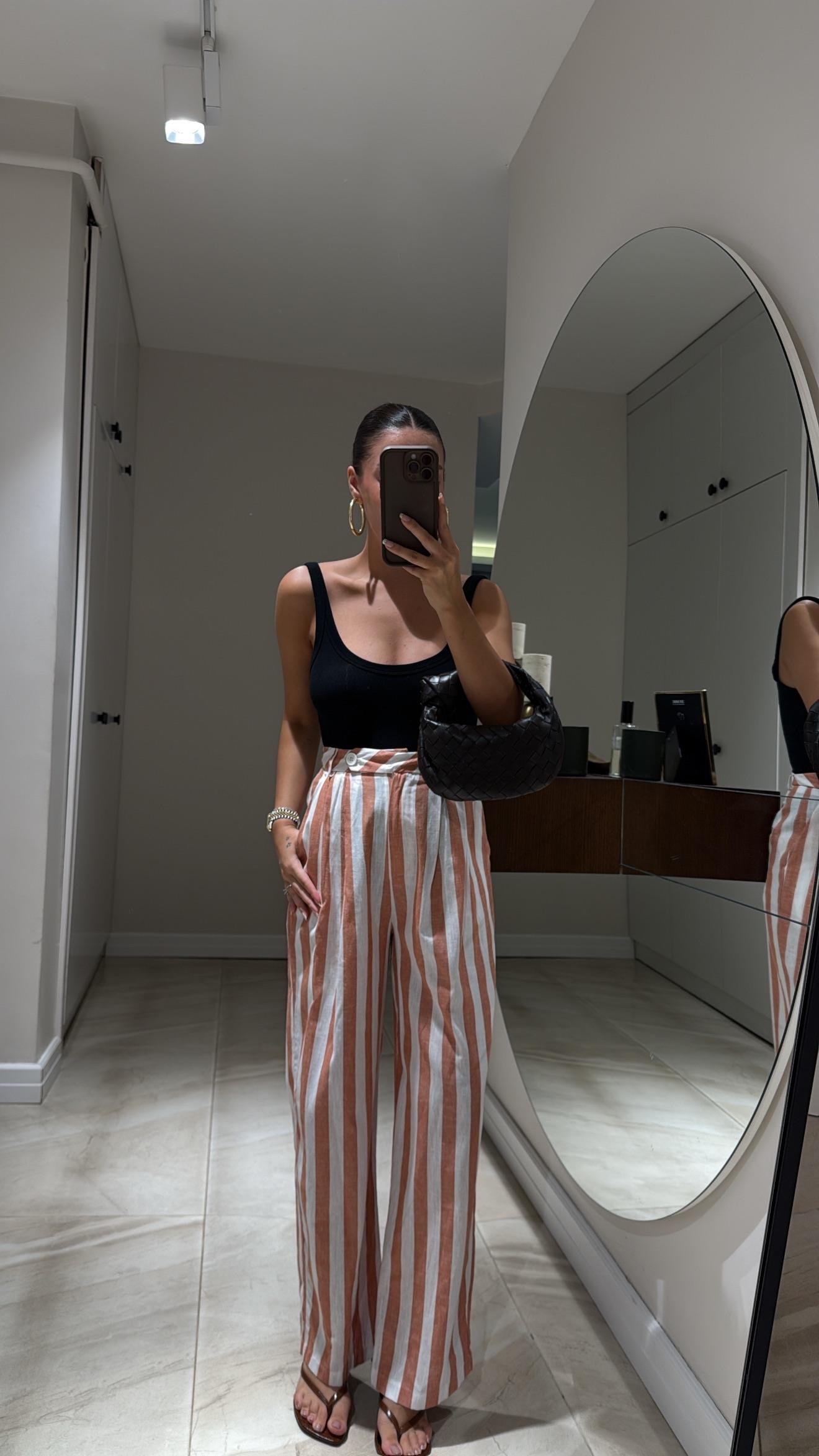 Beyaz Kiremit Çizgili Keten Bol Pantolon