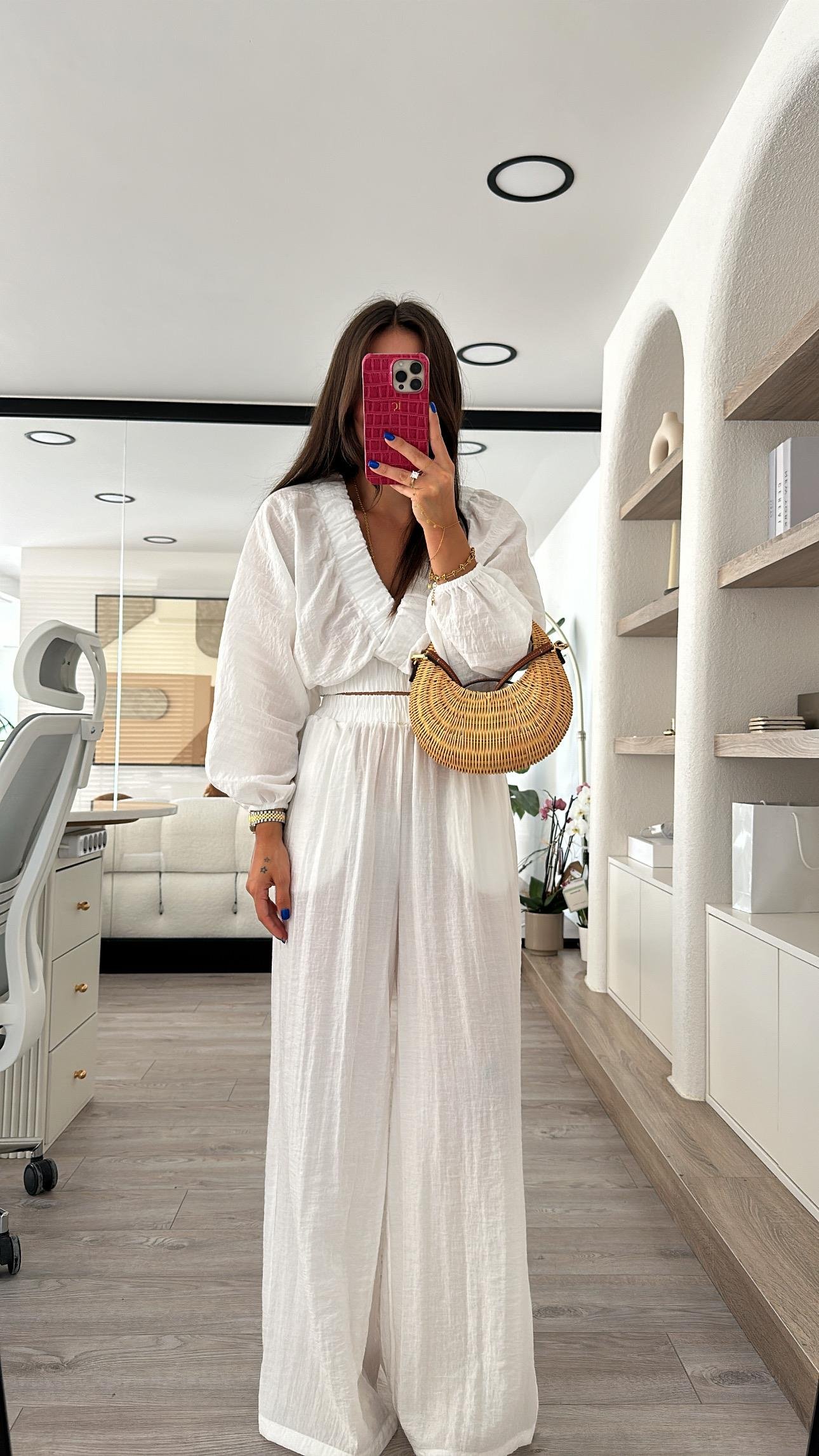 Beyaz Kruvaze Yaka Crop Pantolon Takım 