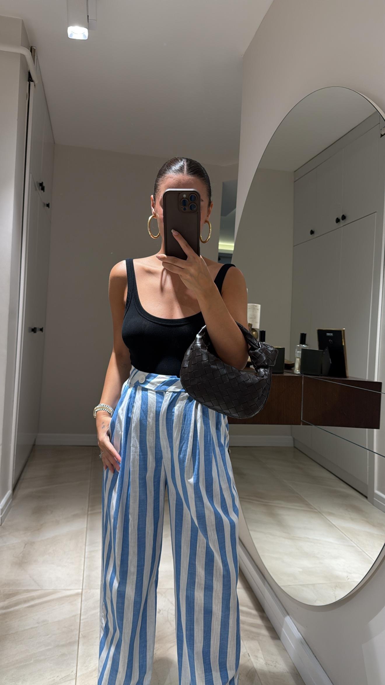 Beyaz Mavi Çizgili Keten Bol Pantolon