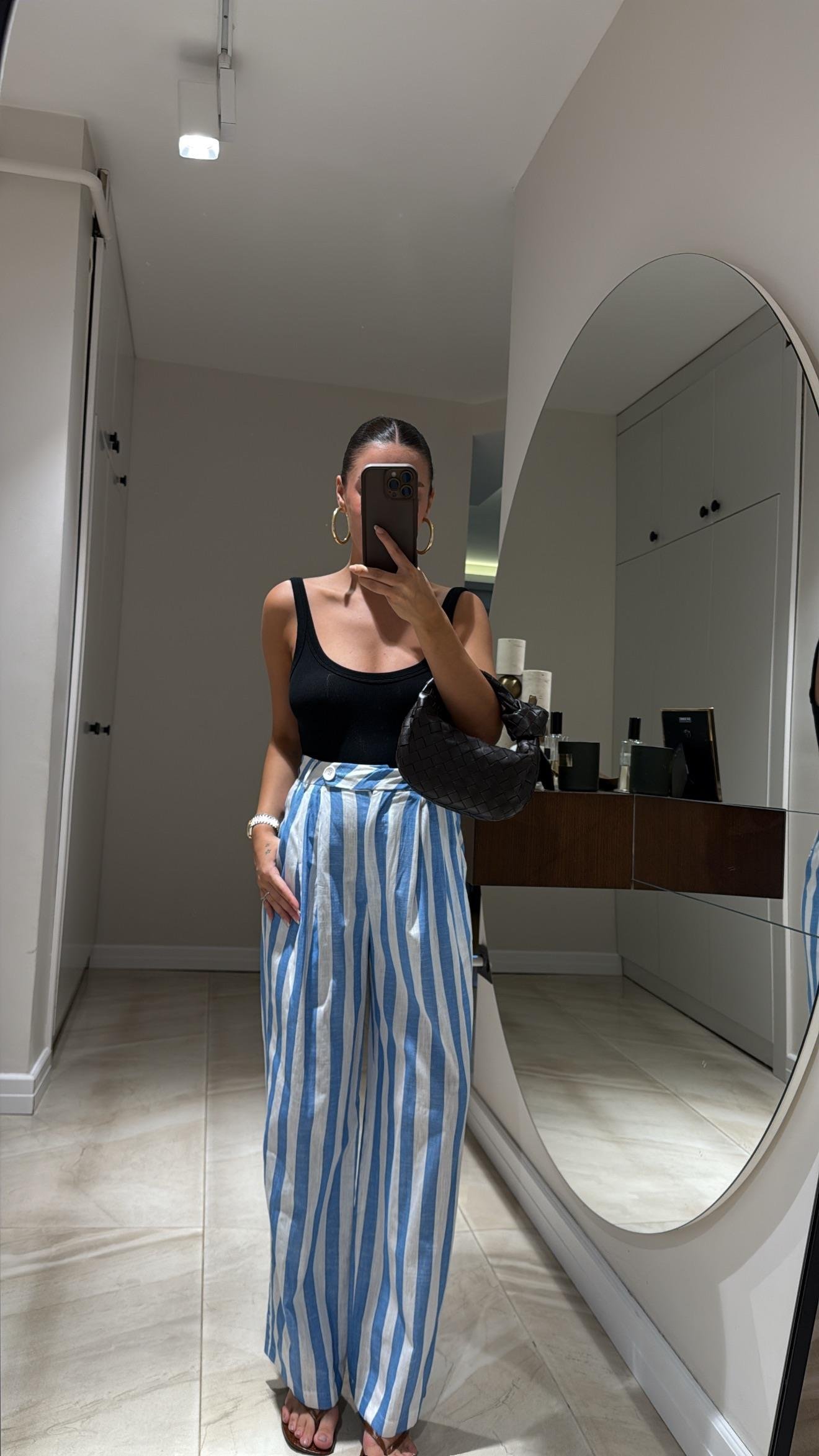 Beyaz Mavi Çizgili Keten Bol Pantolon