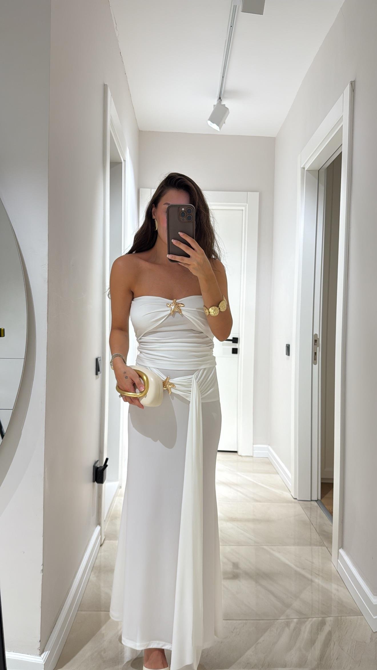 Beyaz Straplez Yıldız Detaylı Etek Takım 