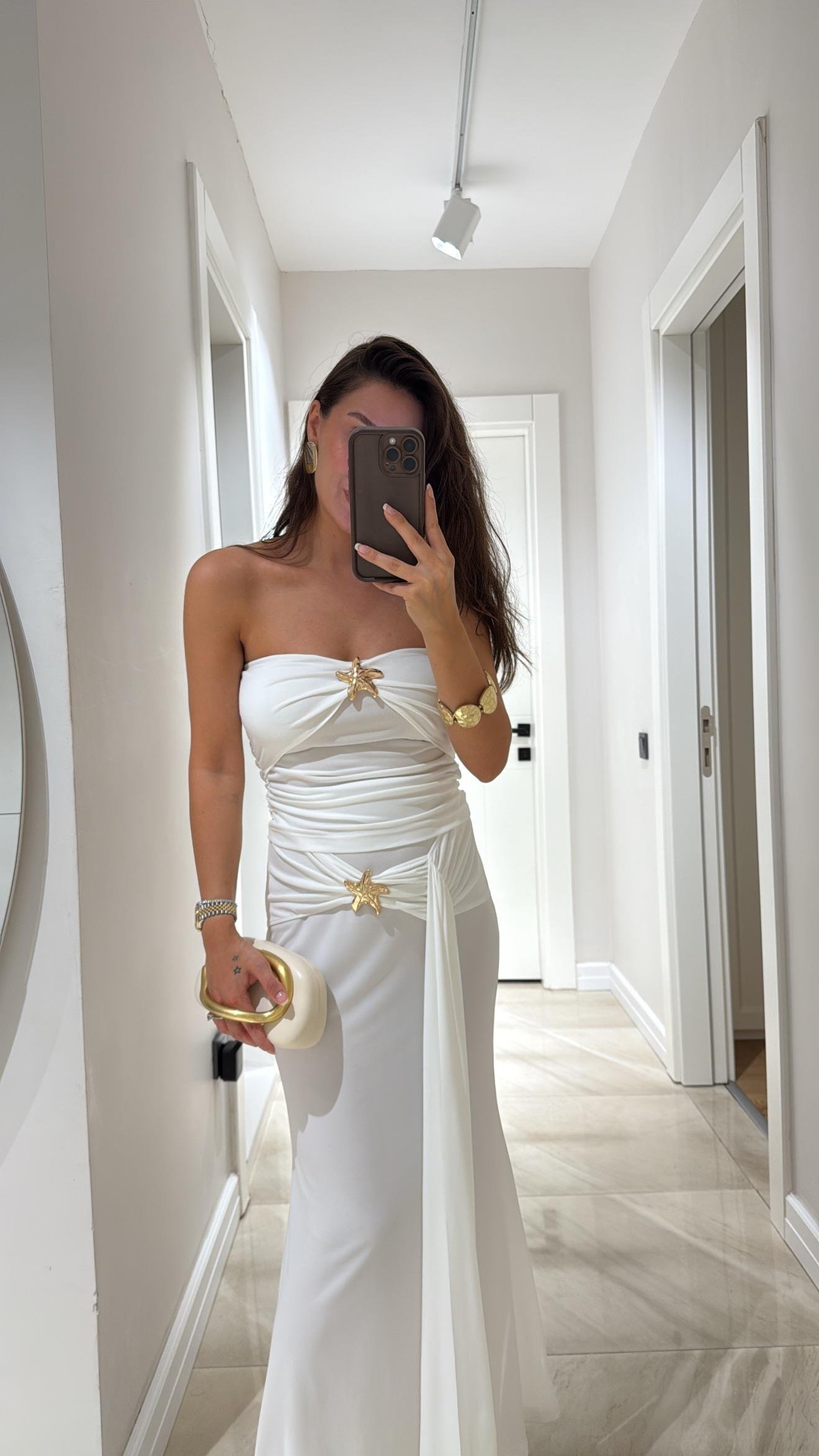 Beyaz Straplez Yıldız Detaylı Etek Takım 