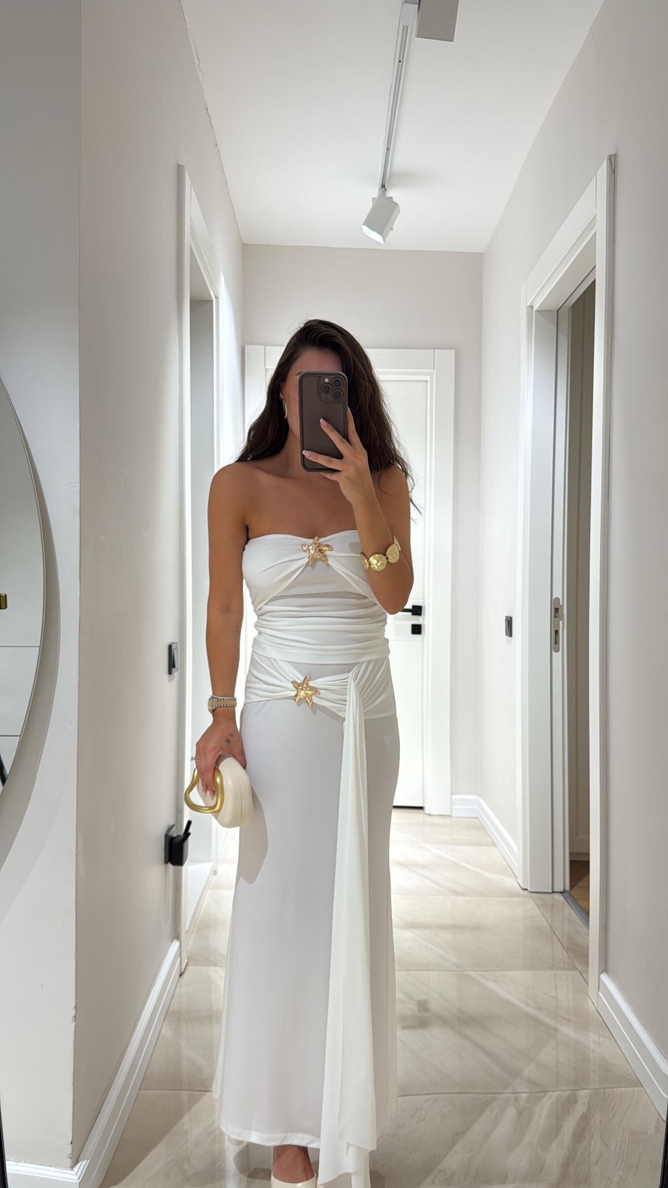 Beyaz Straplez Yıldız Detaylı Etek Takım 