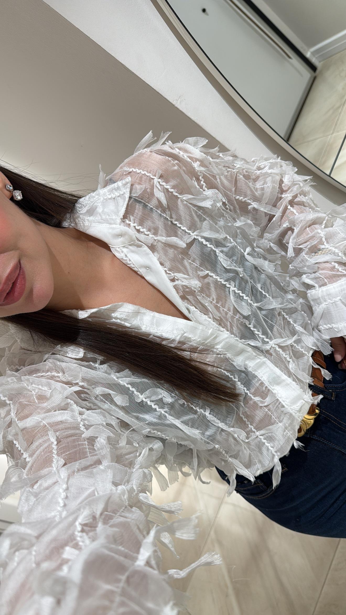 Beyaz Tül Detaylı Şifon Gömlek 