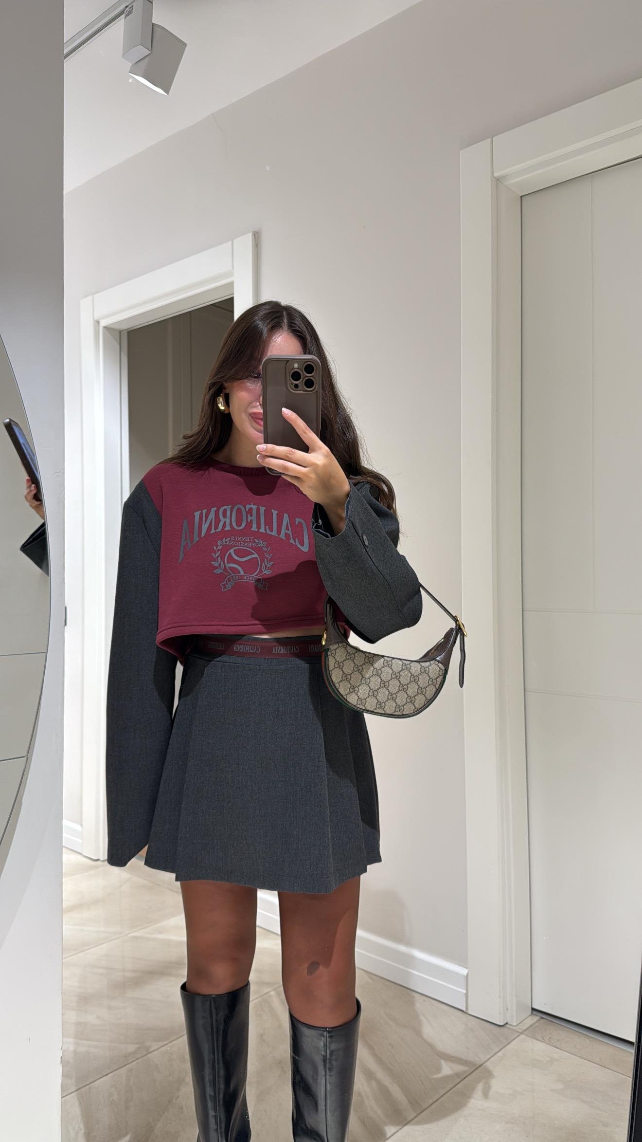 Bordo Antrasit Kol Detaylı Baskılı Sweat