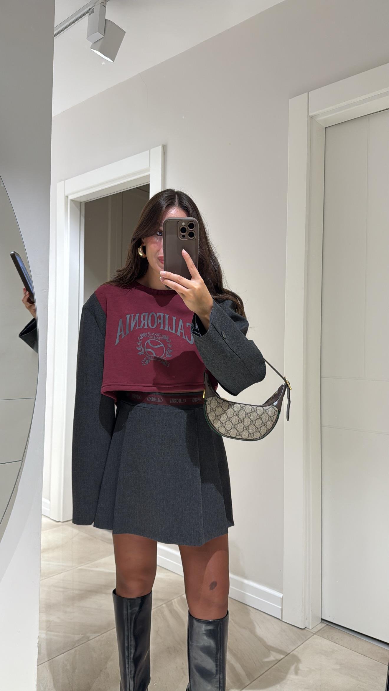 Bordo Antrasit Kol Detaylı Baskılı Sweat