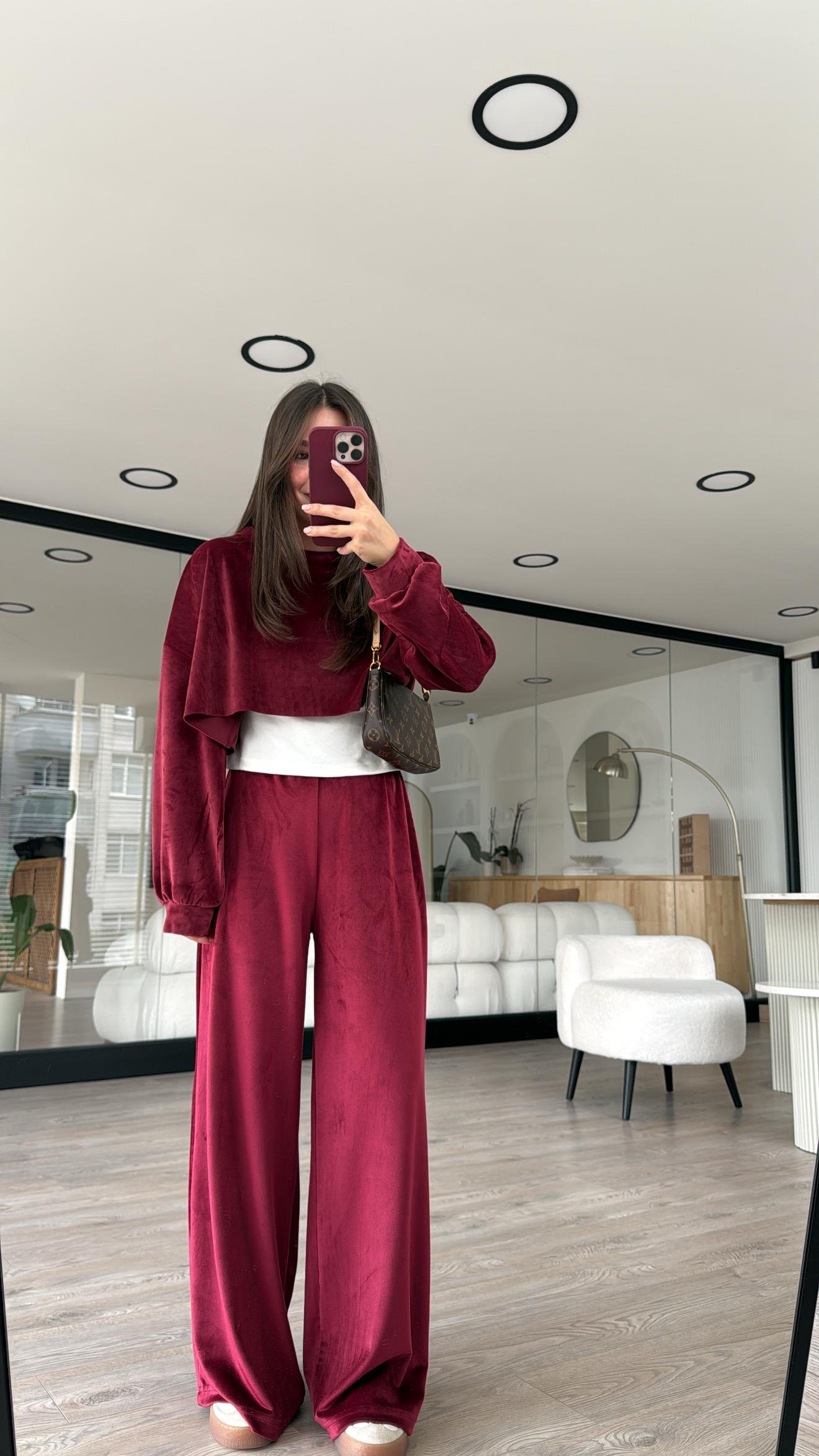 Bordo Bel Lastikli Kadife Bol Pantolon