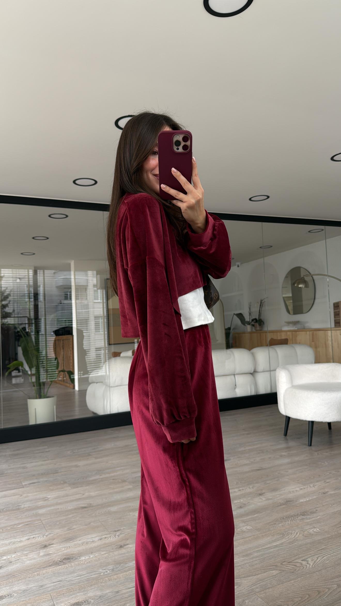 Bordo Bel Lastikli Kadife Bol Pantolon