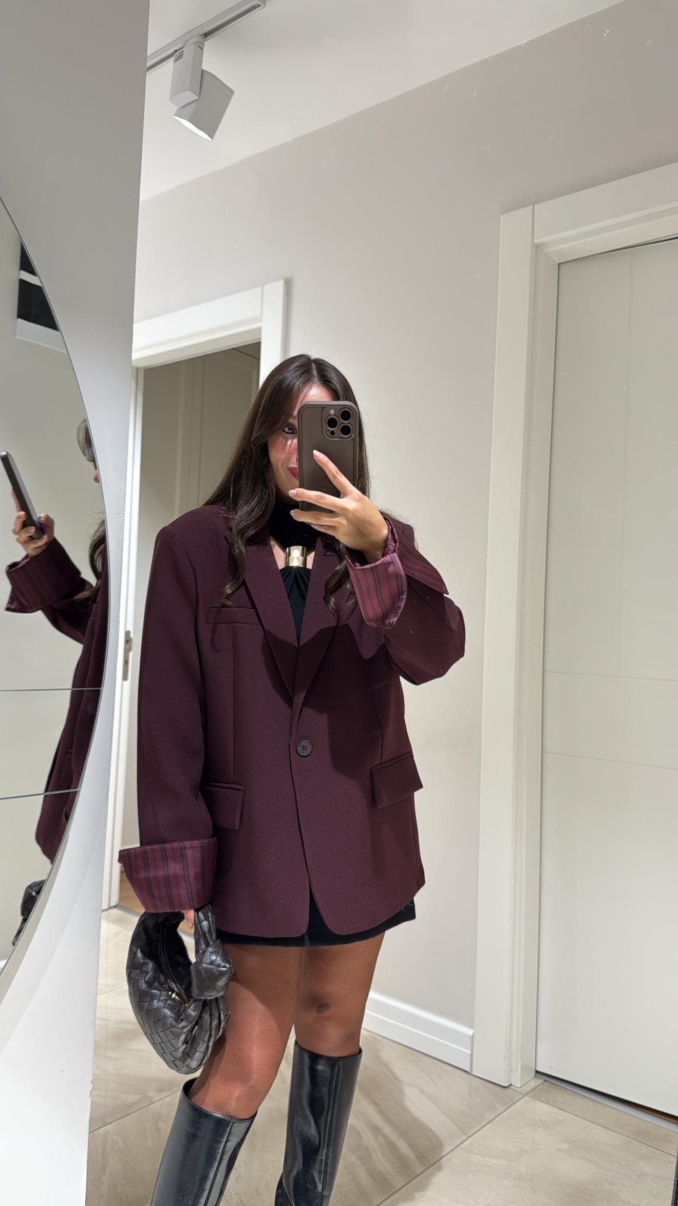 Bordo Çizgili Astarlı Dikiş Detaylı Blazer Ceket
