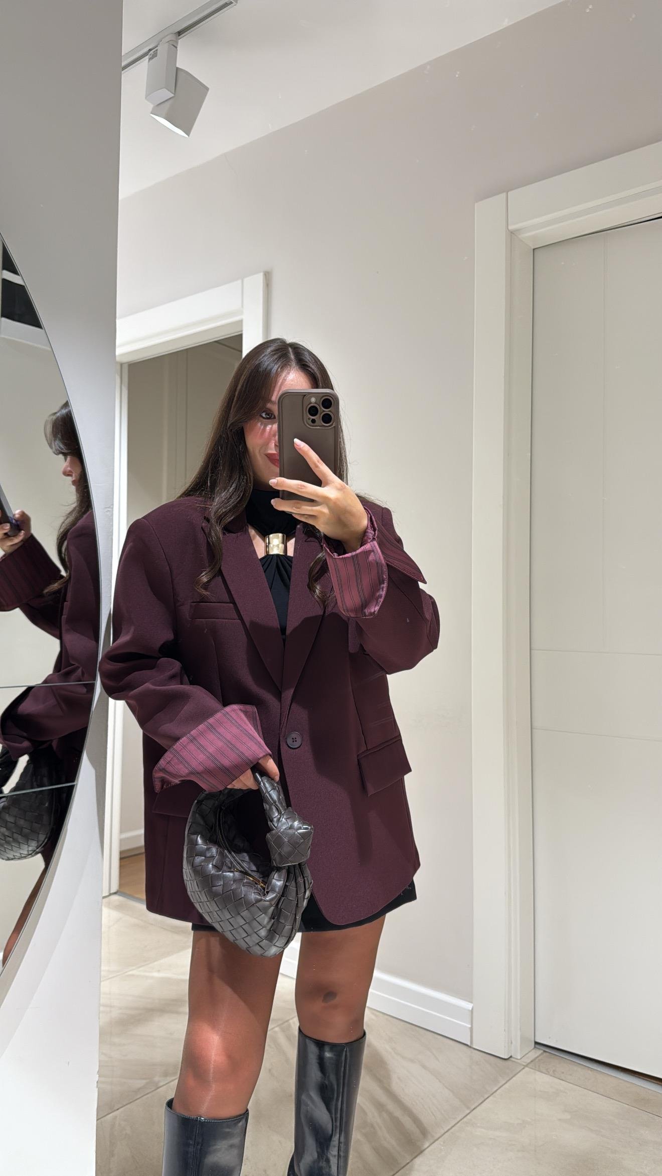 Bordo Çizgili Astarlı Dikiş Detaylı Blazer Ceket