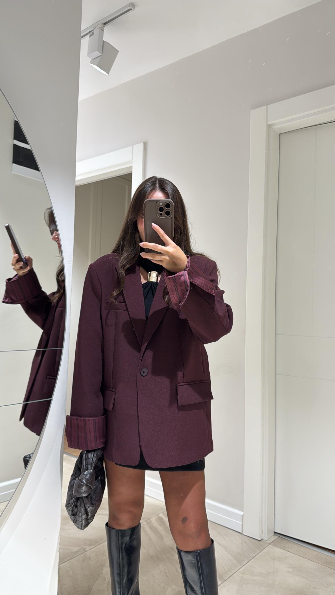 Bordo Çizgili Astarlı Dikiş Detaylı Blazer Ceket
