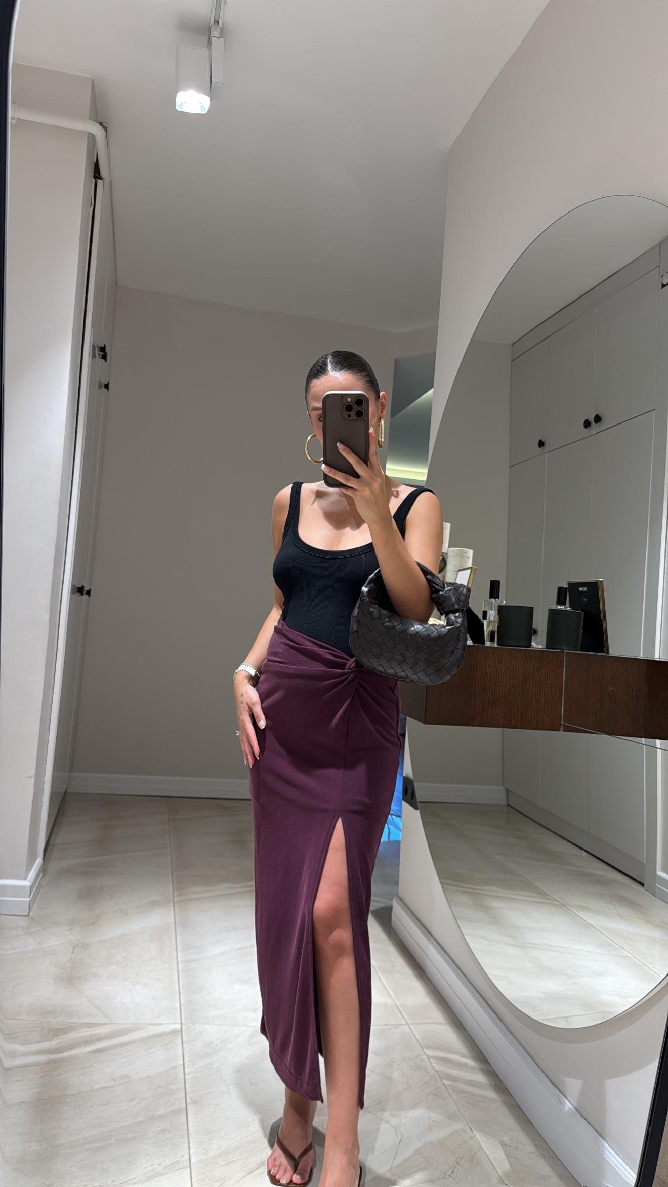 Bordo Düğüm Detaylı Yırtmaçlı Marka Model Etek