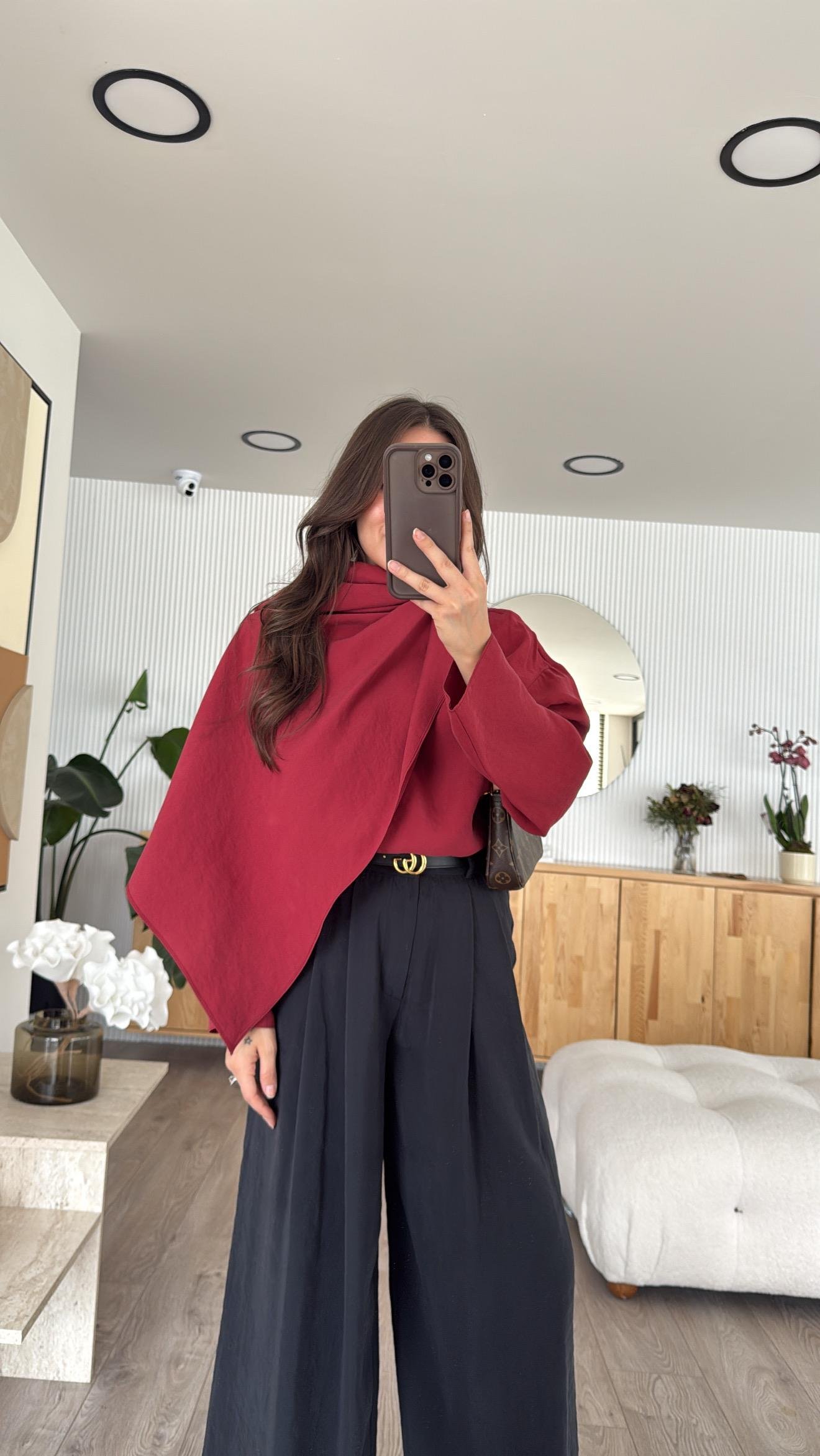 Bordo Fular Detaylı Tensel Bluz 