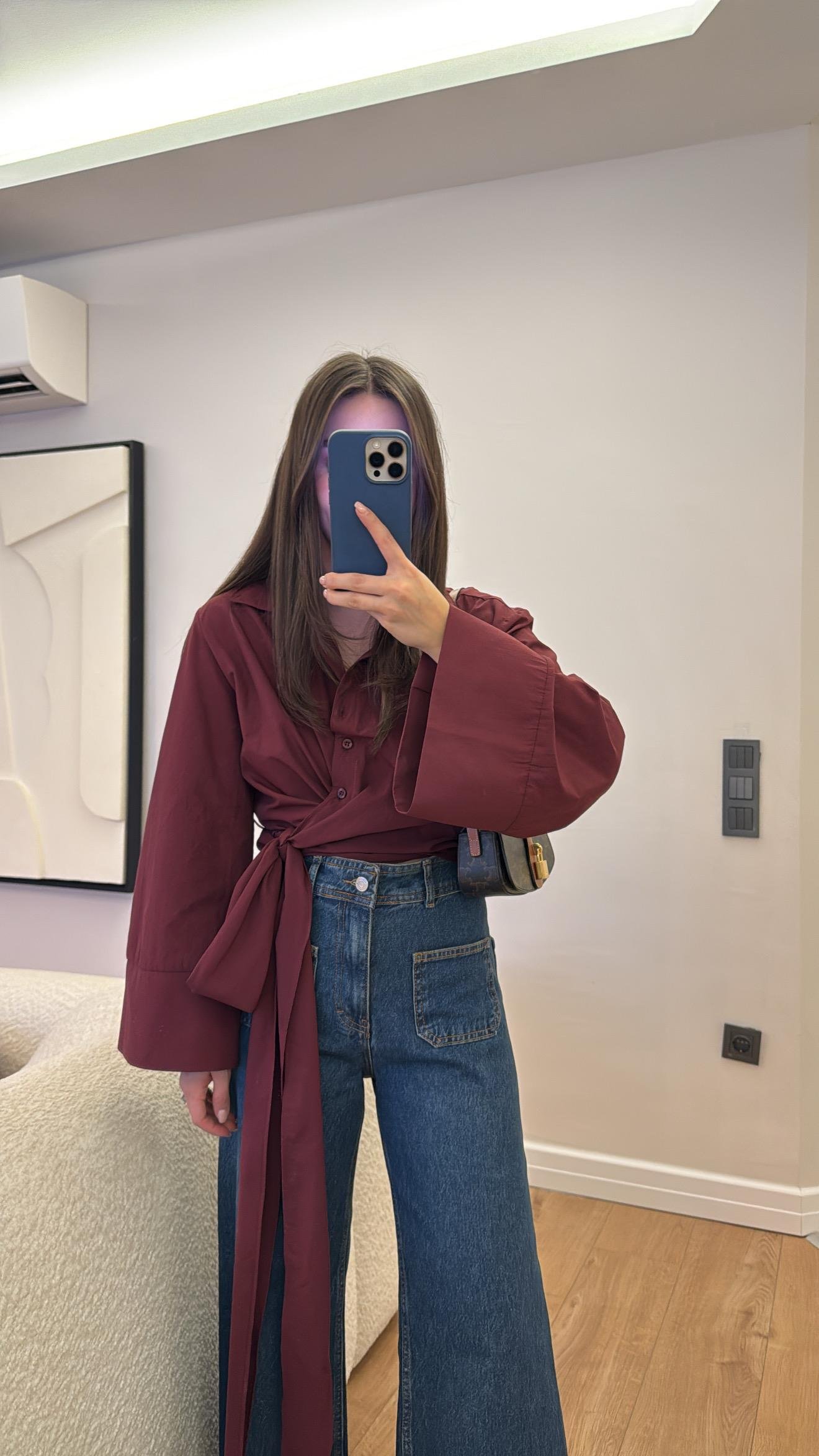 Bordo Geniş Kol Detaylı Bağlamalı Gömlek