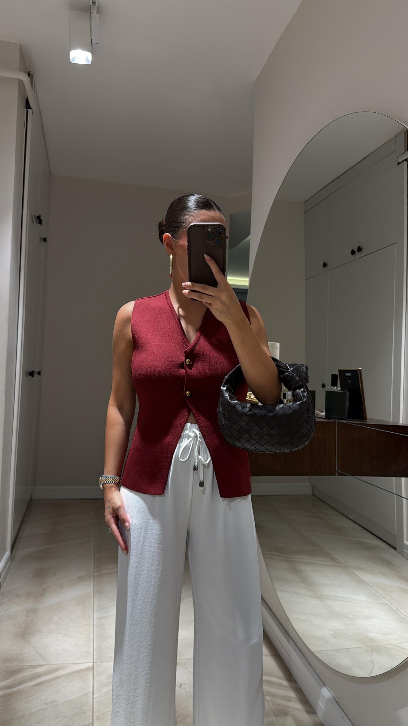 Bordo Gold Düğmeli Çelik Örme Triko Yelek 