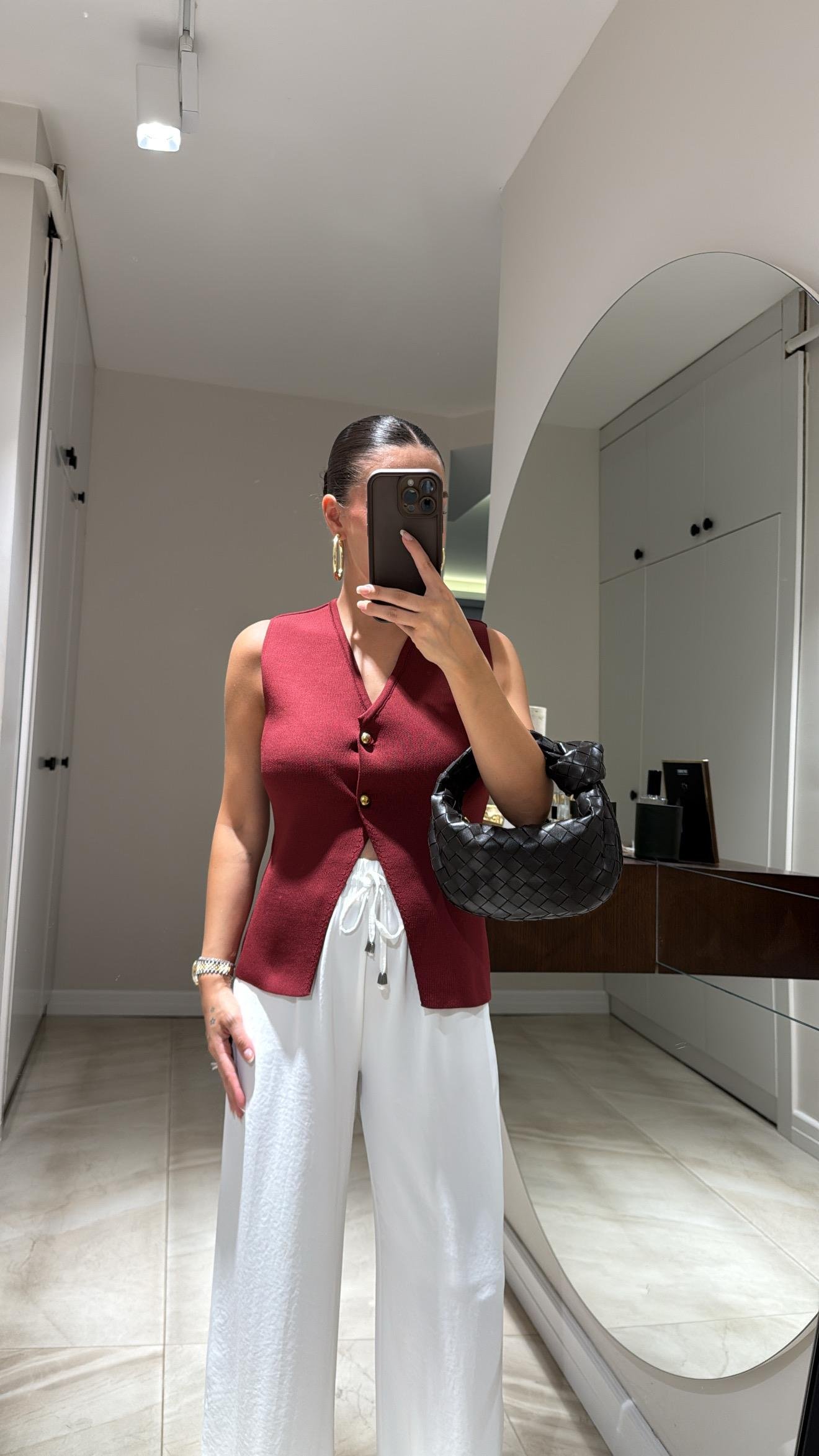 Bordo Gold Düğmeli Çelik Örme Triko Yelek 