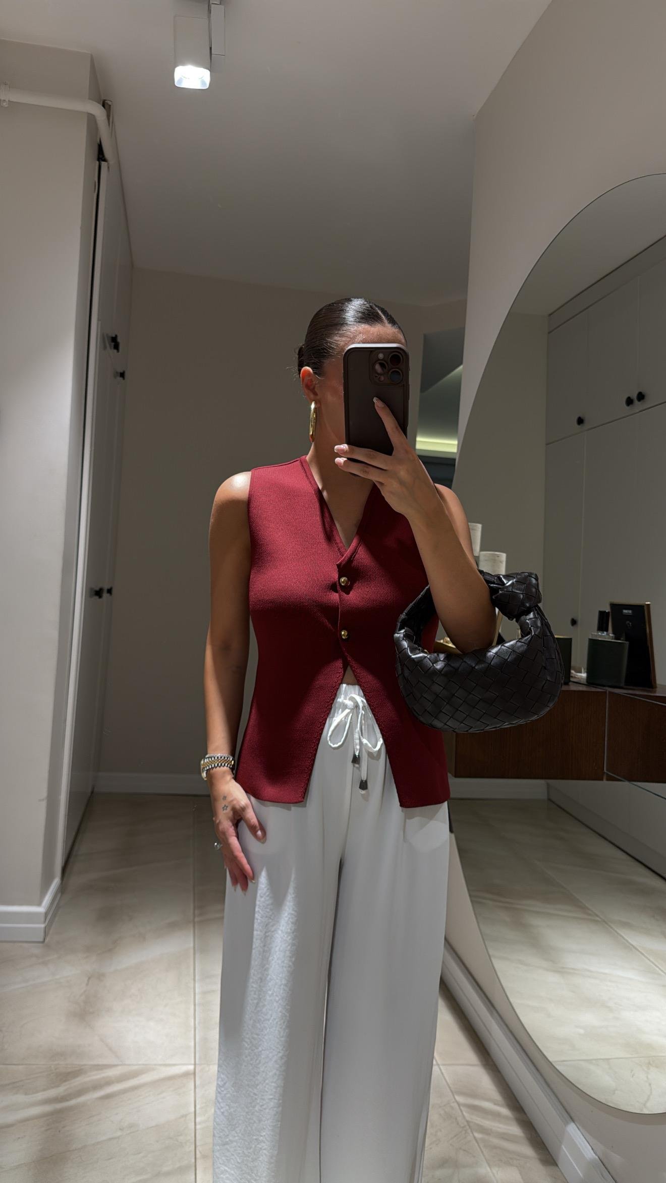 Bordo Gold Düğmeli Çelik Örme Triko Yelek 