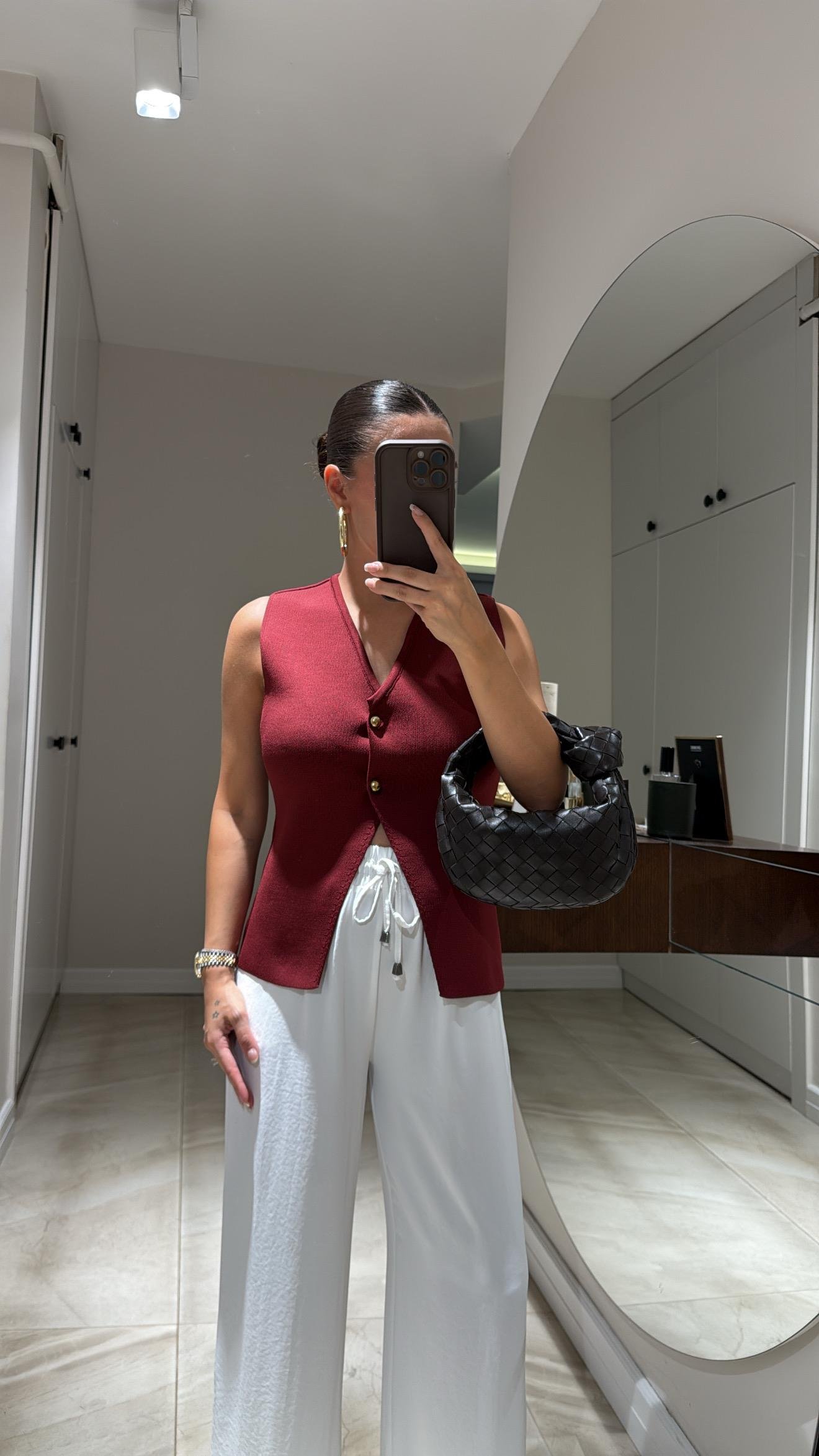 Bordo Gold Düğmeli Çelik Örme Triko Yelek 