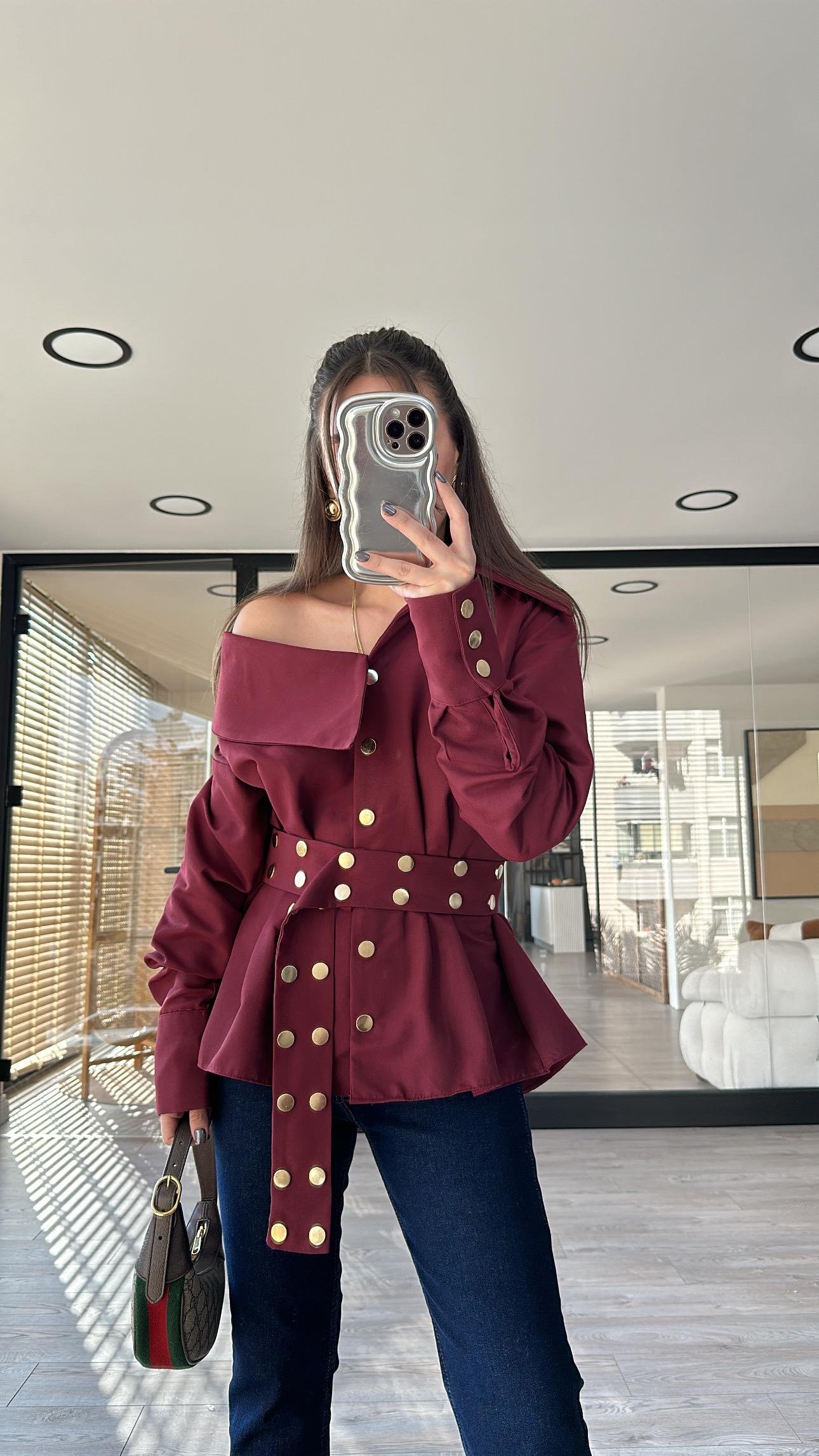 Bordo Gold Zımbalı Kemer Detaylı Marka Model Gömlek 