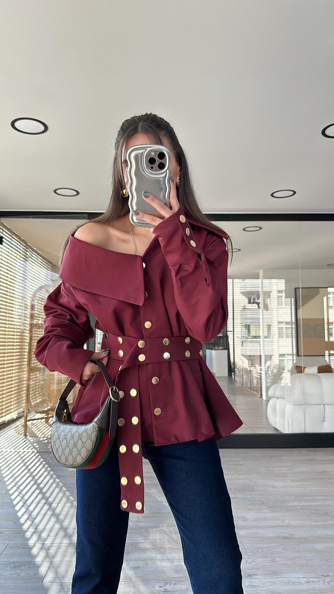 Bordo Gold Zımbalı Kemer Detaylı Marka Model Gömlek 