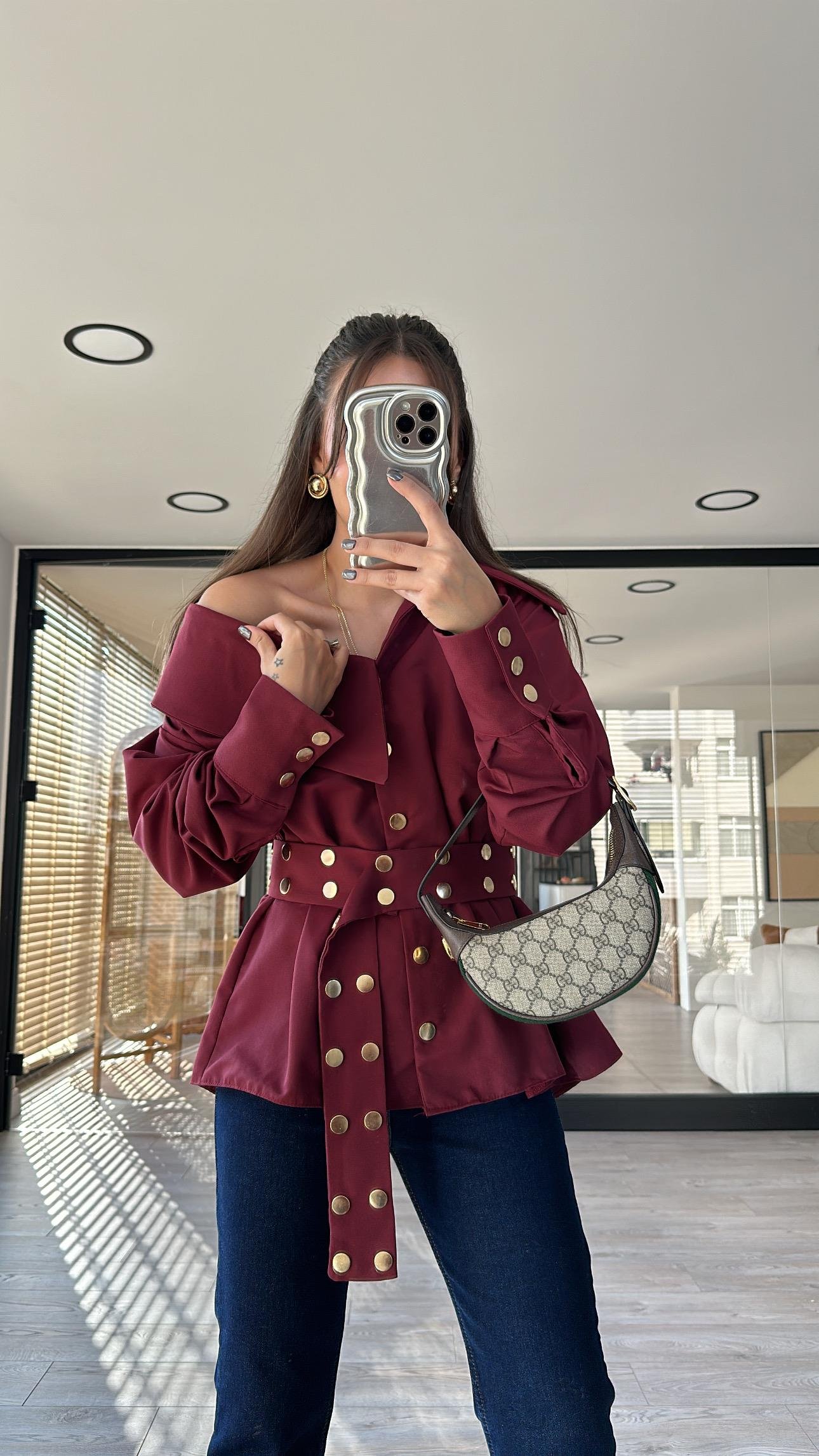 Bordo Gold Zımbalı Kemer Detaylı Marka Model Gömlek 