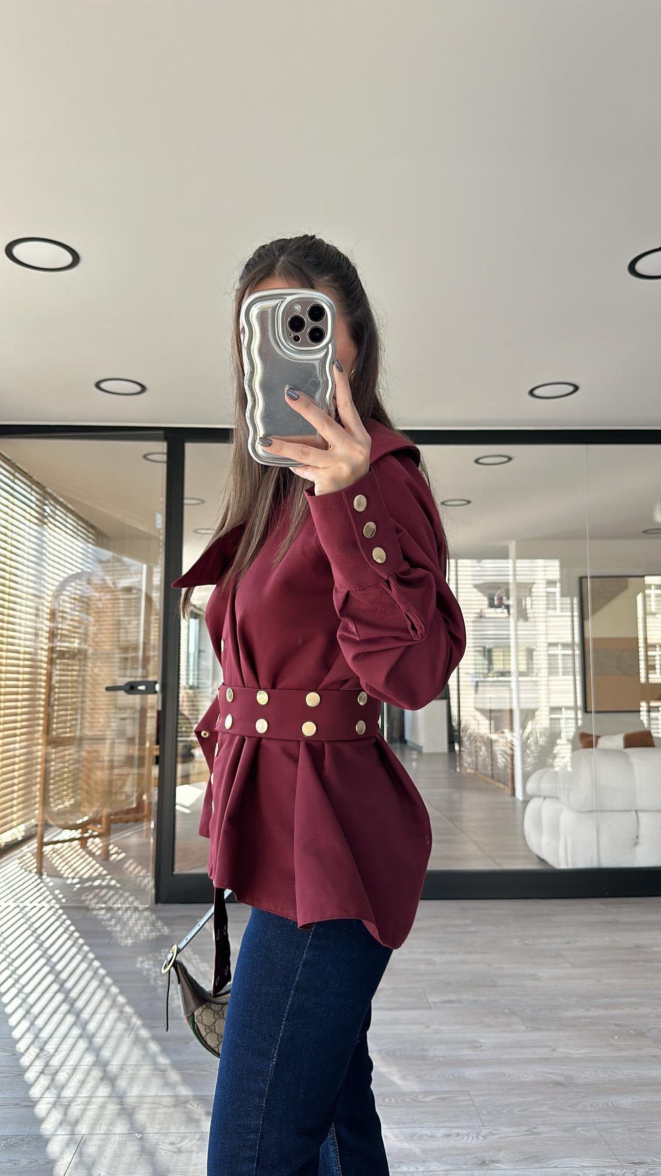 Bordo Gold Zımbalı Kemer Detaylı Marka Model Gömlek 