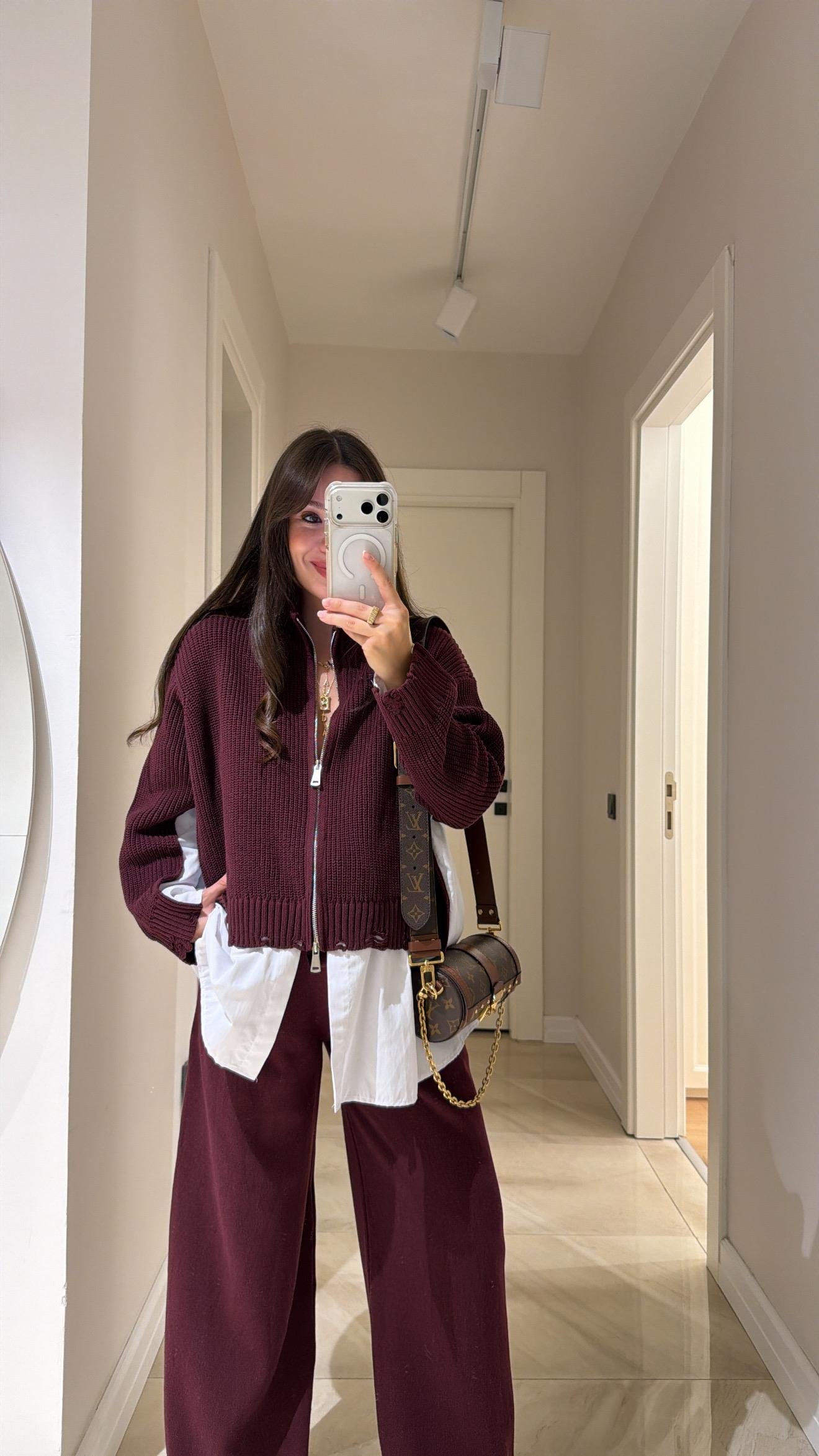 Bordo Gömlek Detaylı Triko Pantolon Takım 