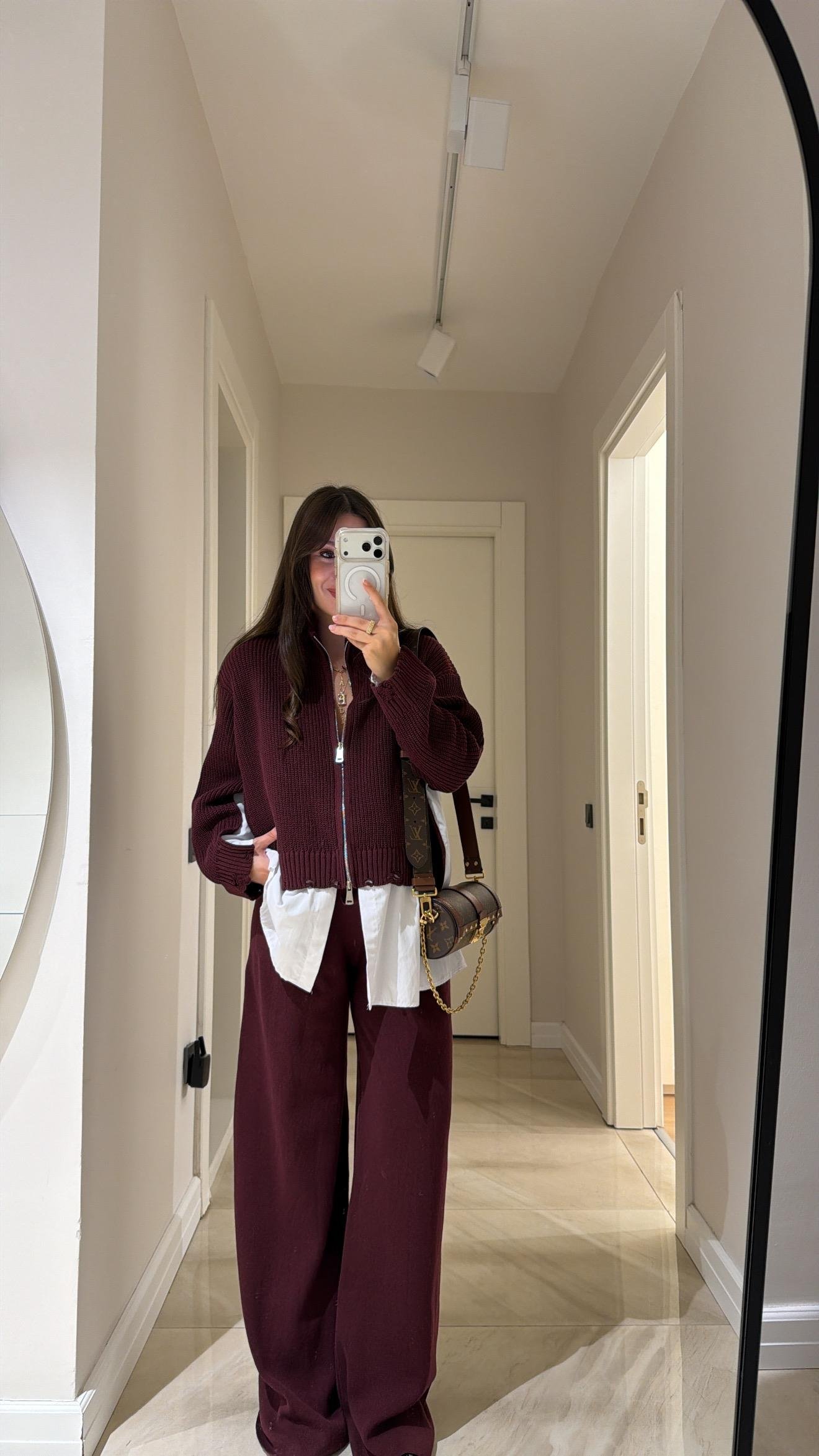 Bordo Gömlek Detaylı Triko Pantolon Takım 