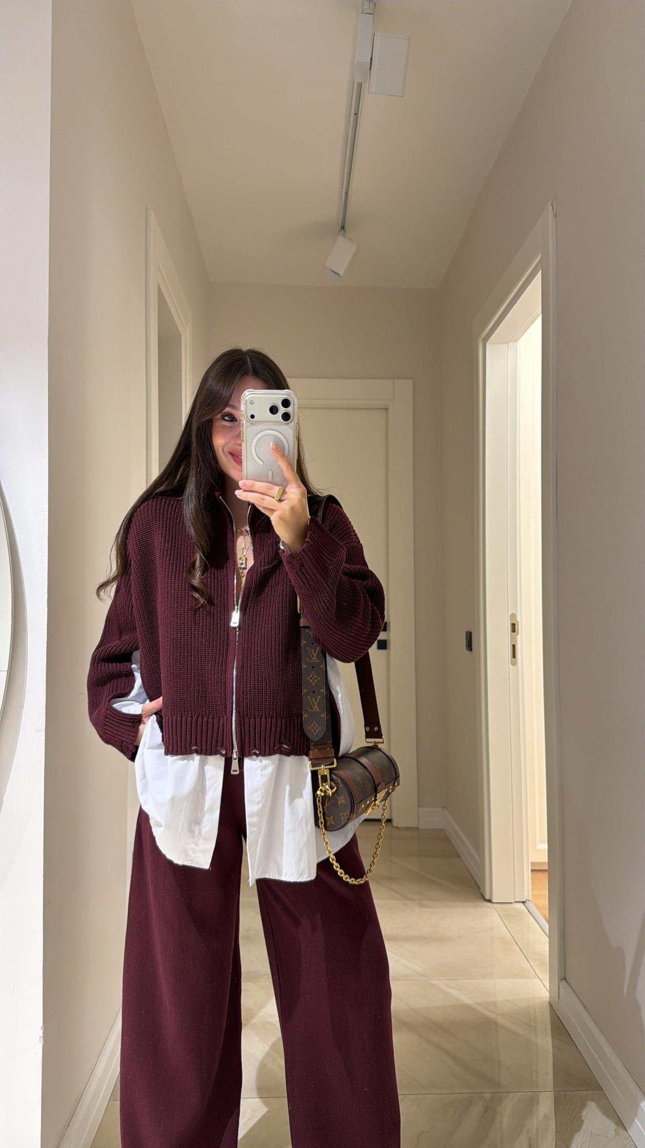 Bordo Gömlek Detaylı Triko Pantolon Takım 