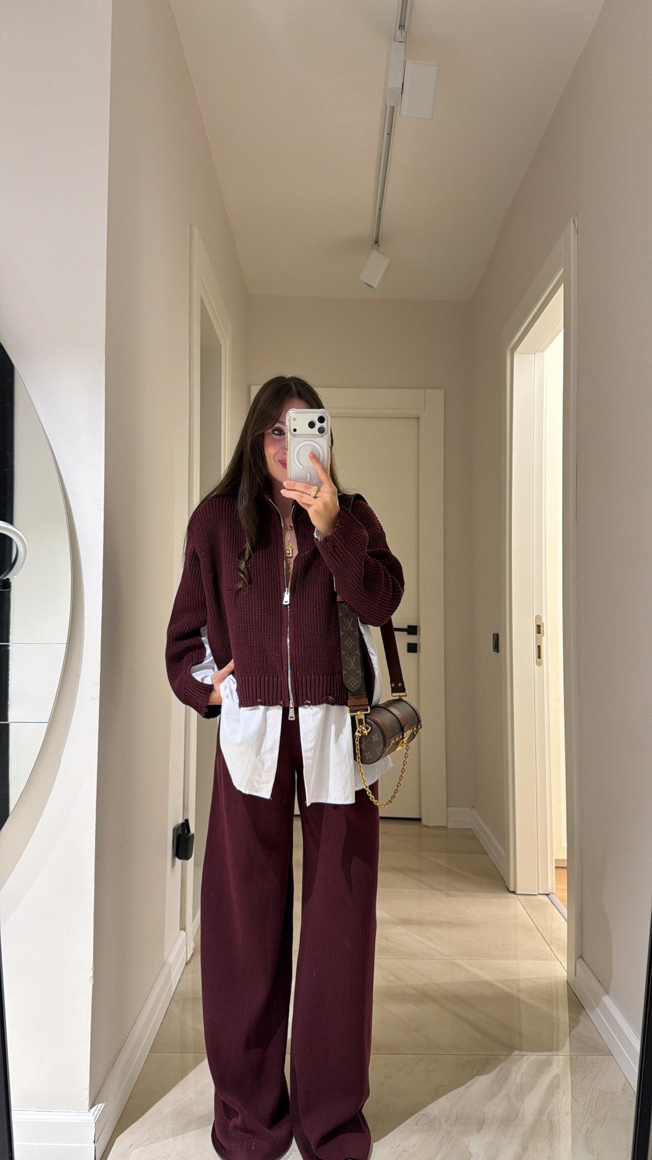 Bordo Gömlek Detaylı Triko Pantolon Takım 