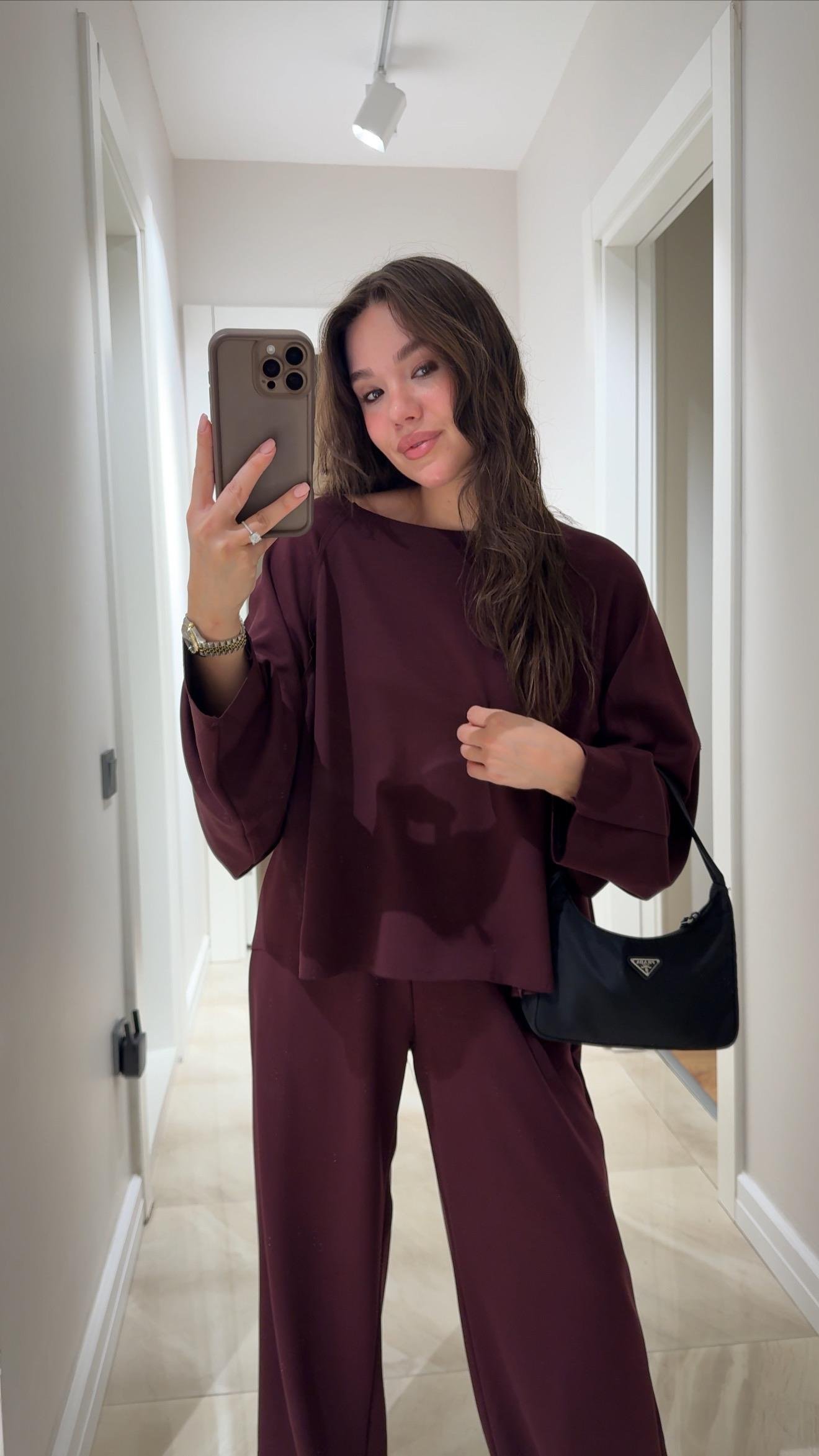 Bordo Kesik Detaylı Sweat Modal Takım