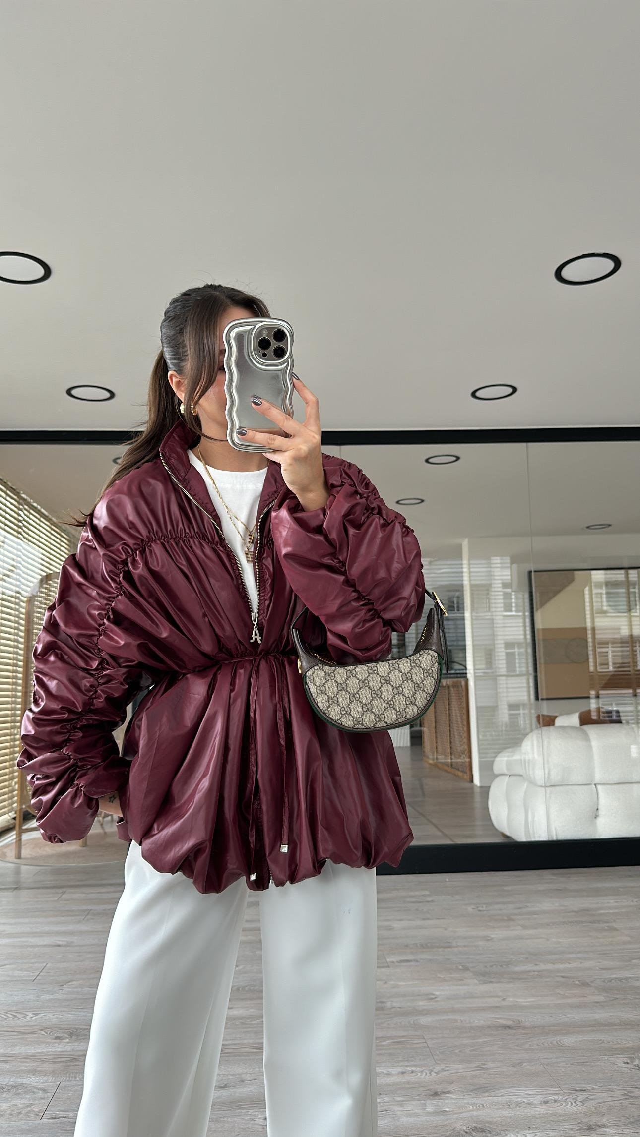 Bordo Ön Fermaurlı Büzgülü Yağmurluk 