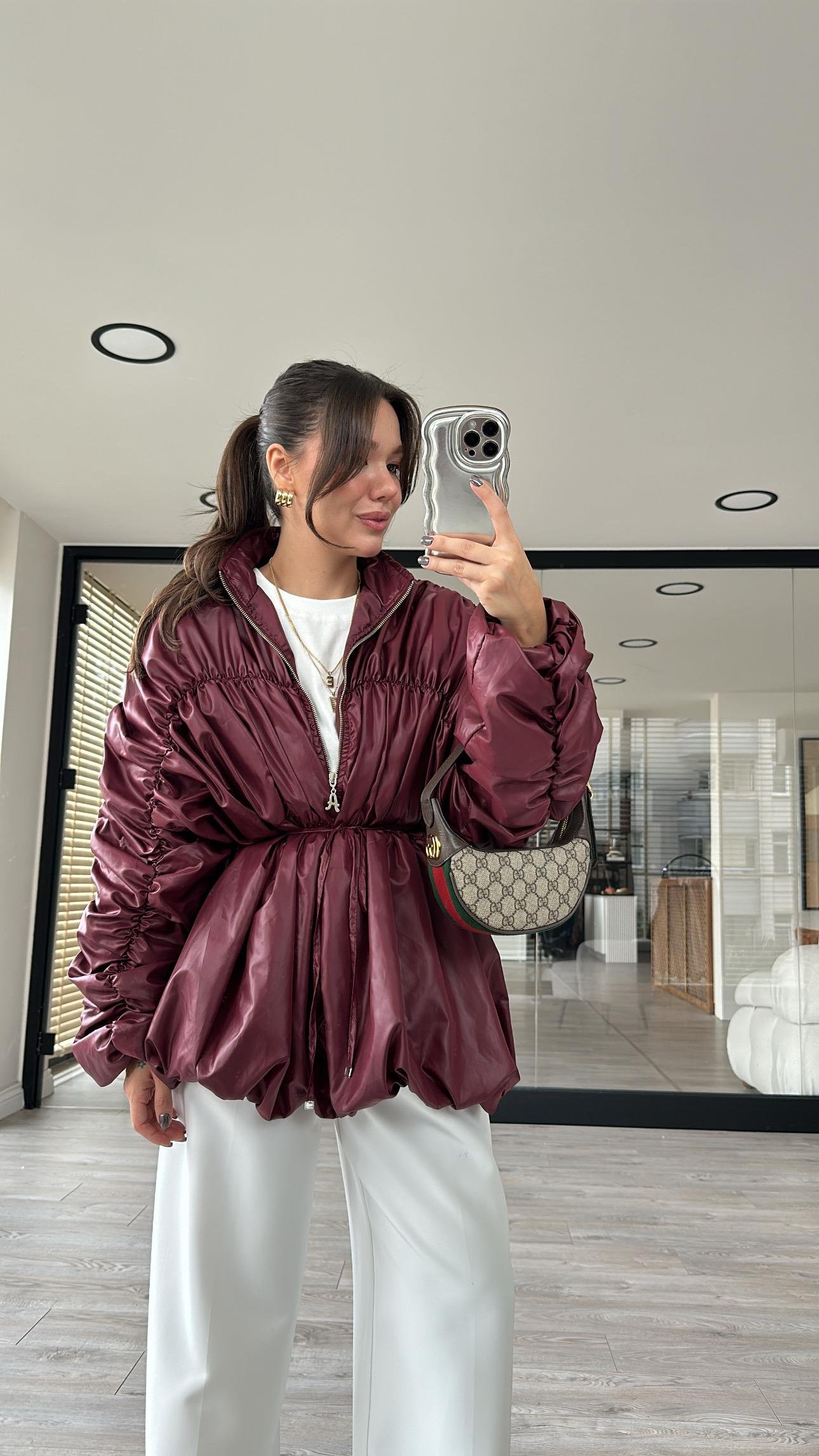 Bordo Ön Fermaurlı Büzgülü Yağmurluk 