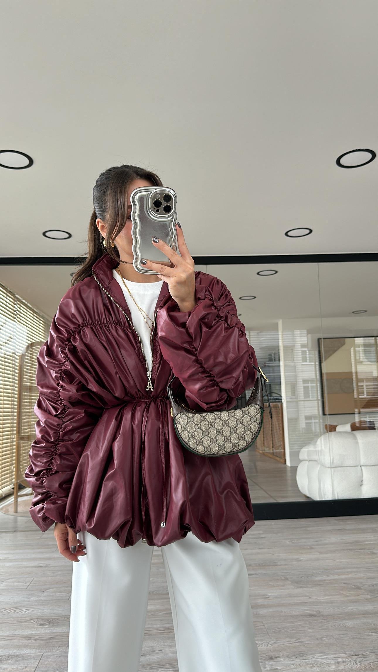 Bordo Ön Fermaurlı Büzgülü Yağmurluk 