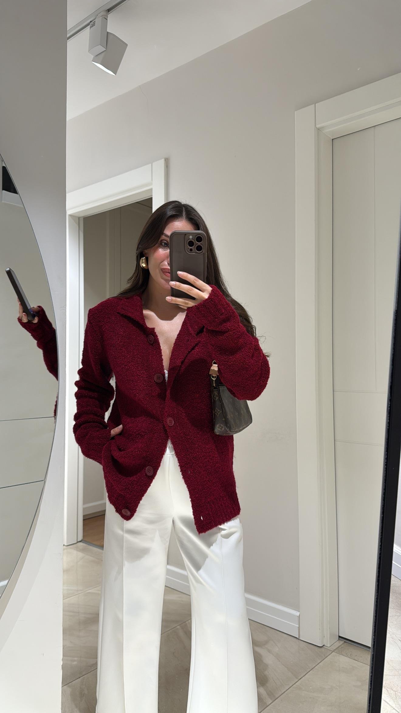 Bordo Polo Yaka Düğmeli Buklet Hırka 