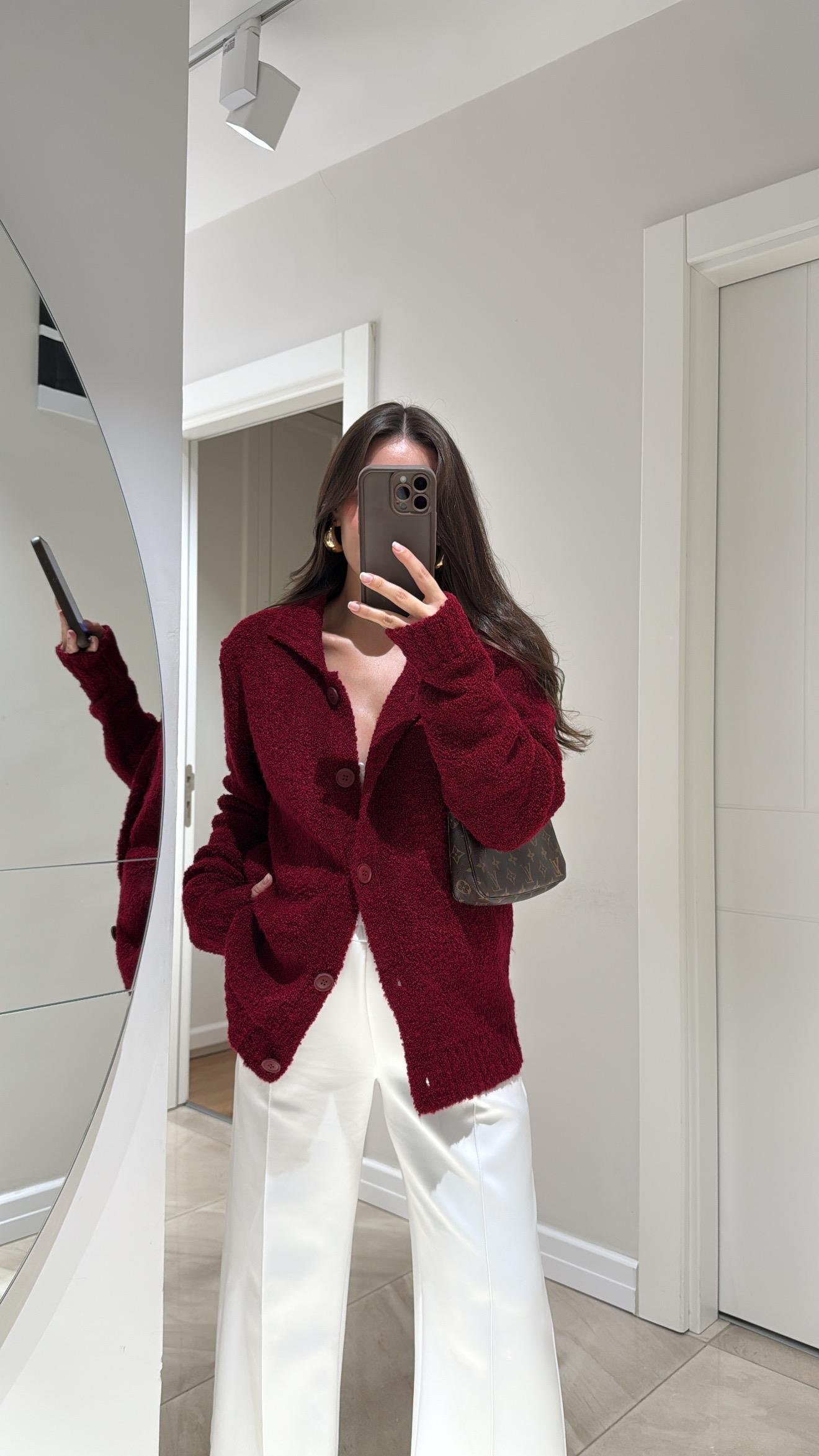 Bordo Polo Yaka Düğmeli Buklet Hırka 