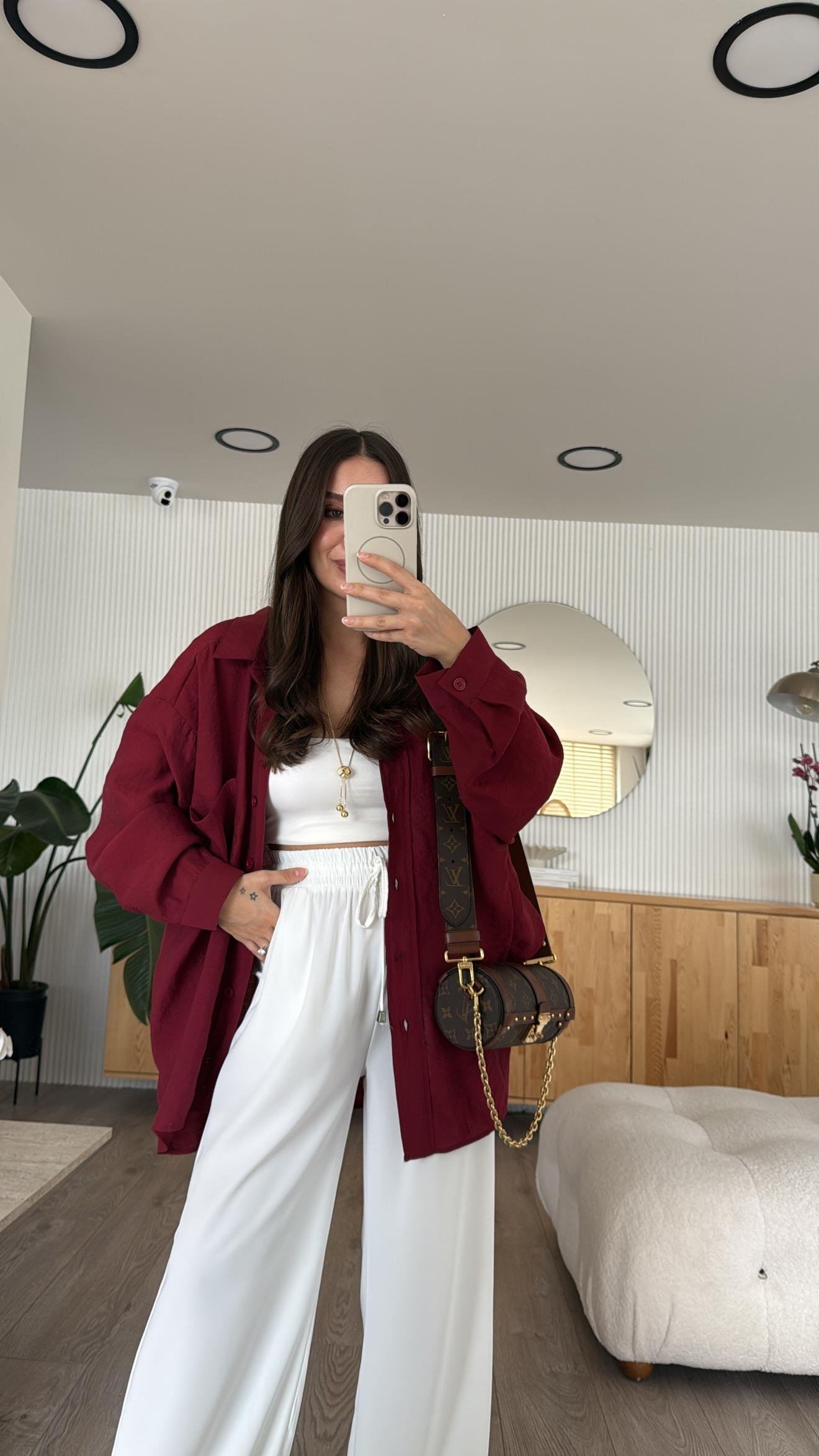 Bordo Tensel Kumaş Düşük Omuzlu Oversize Gömlek
