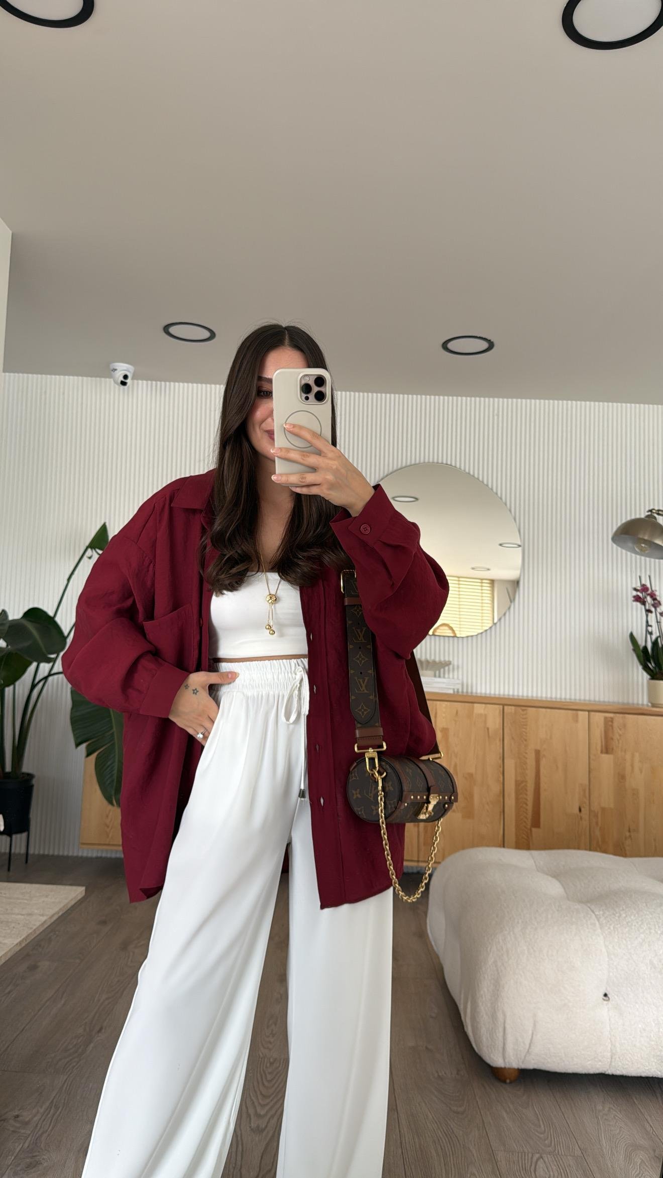 Bordo Tensel Kumaş Düşük Omuzlu Oversize Gömlek