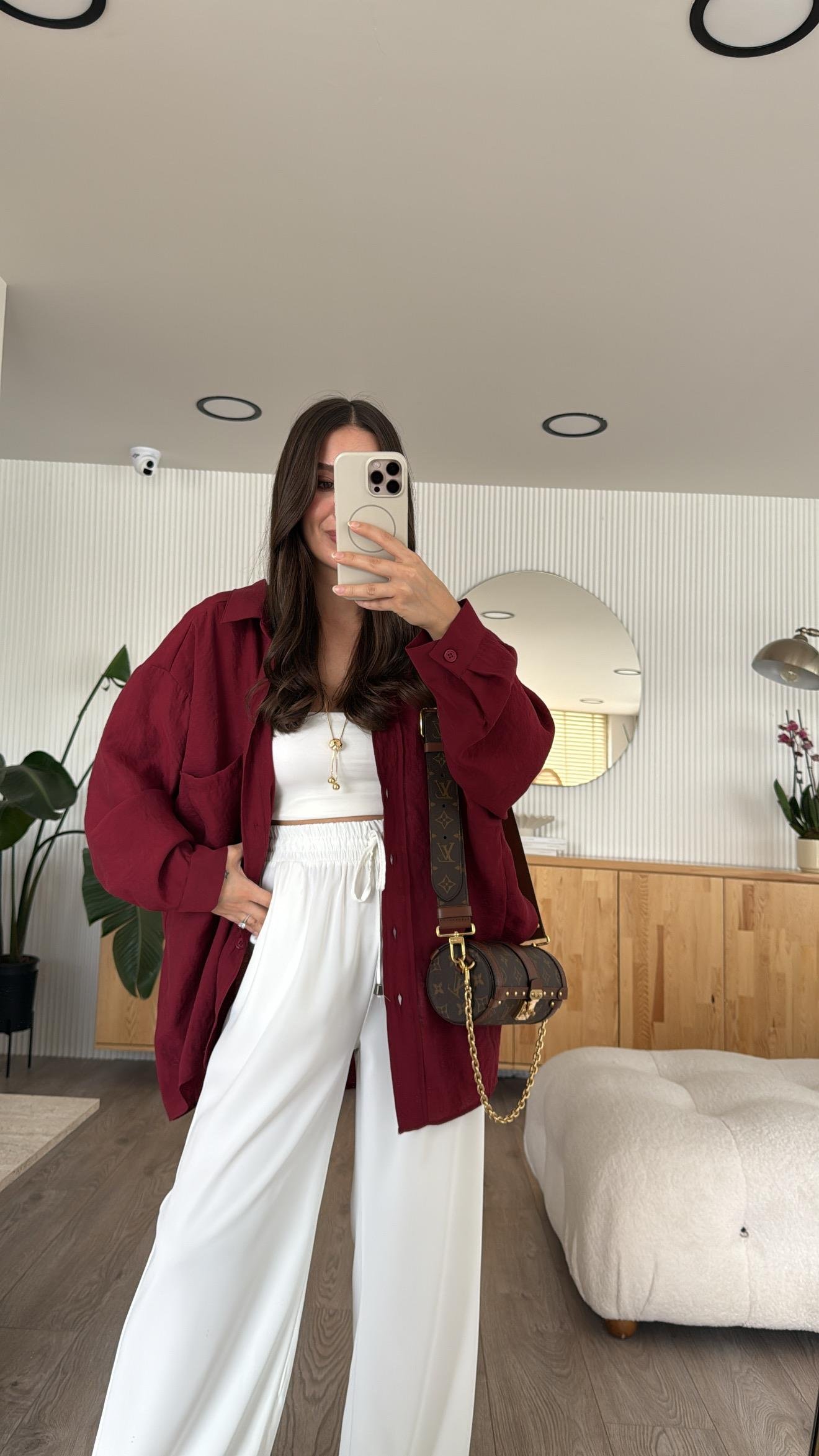 Bordo Tensel Kumaş Düşük Omuzlu Oversize Gömlek