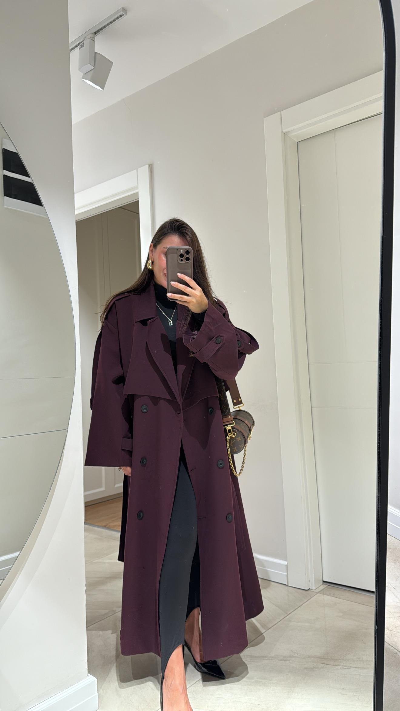 Bordo Tokalı Premium Oversize Trenç
