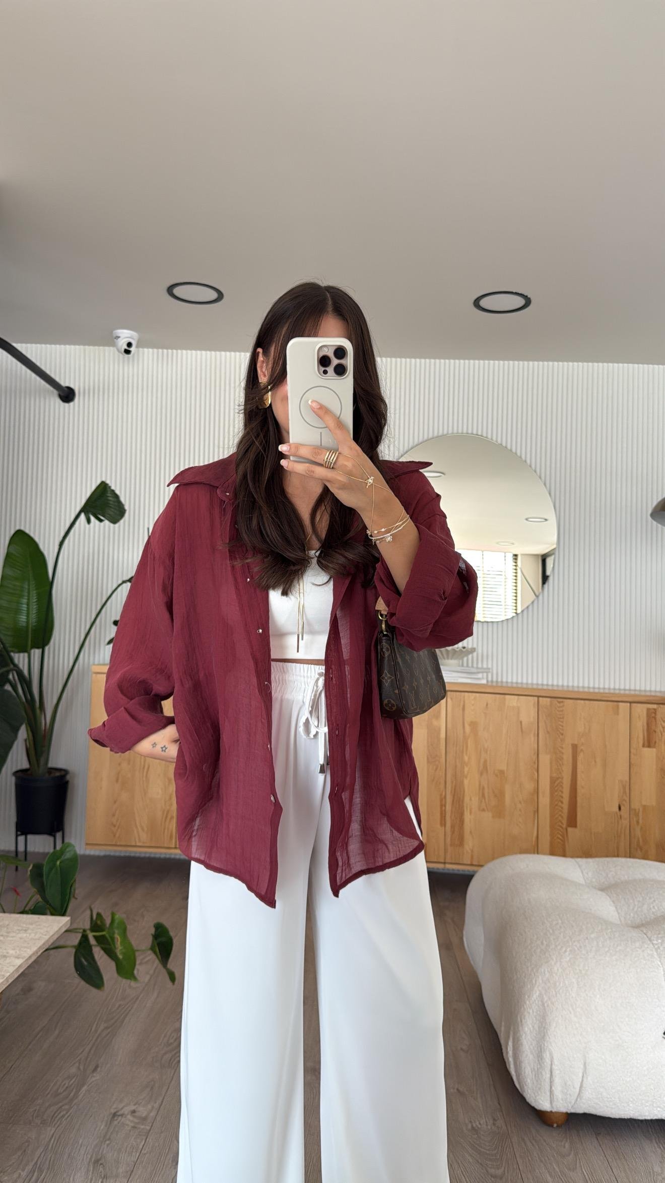 Bordo Transparan İpeksi Gömlek 