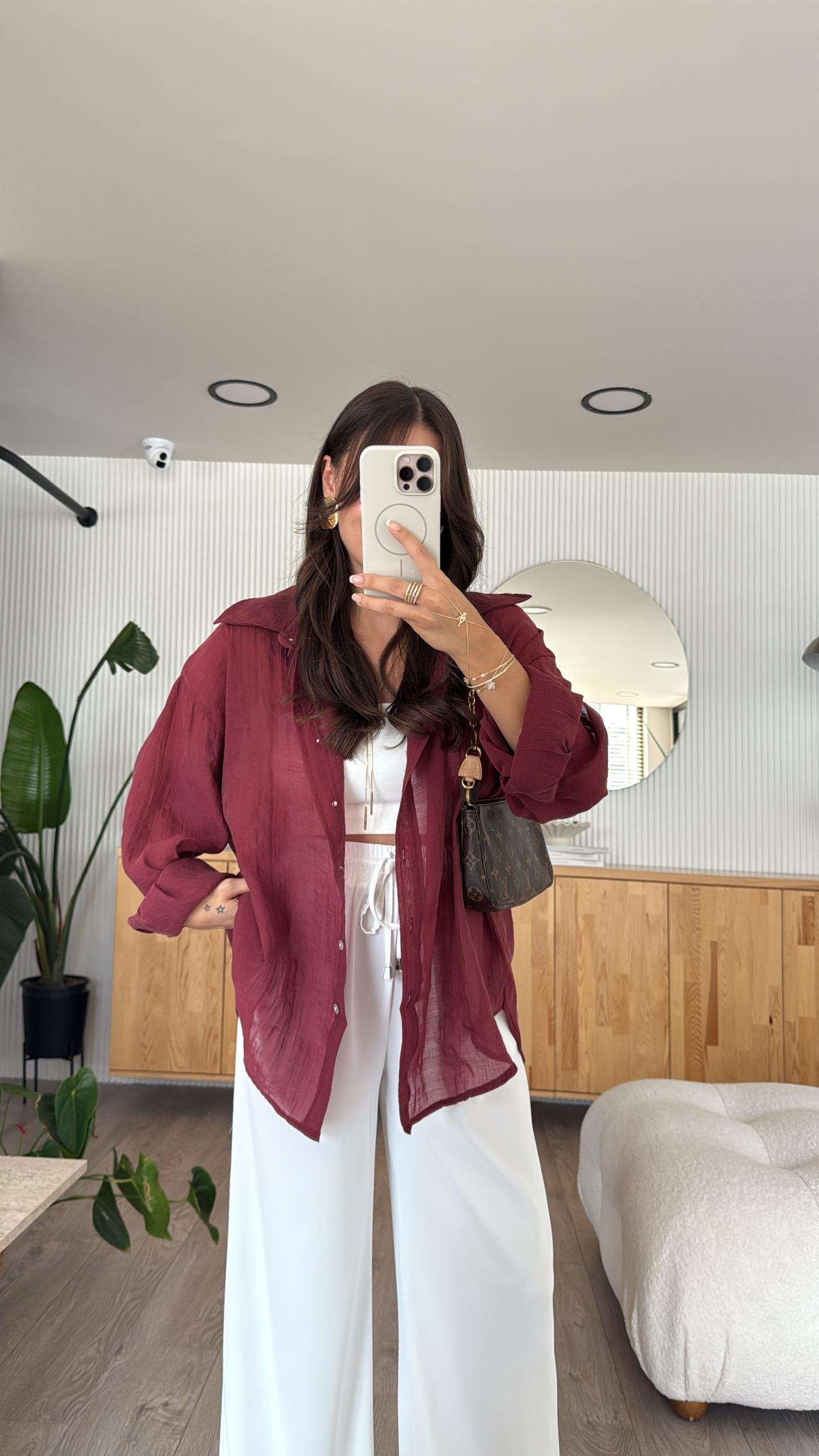 Bordo Transparan İpeksi Gömlek 