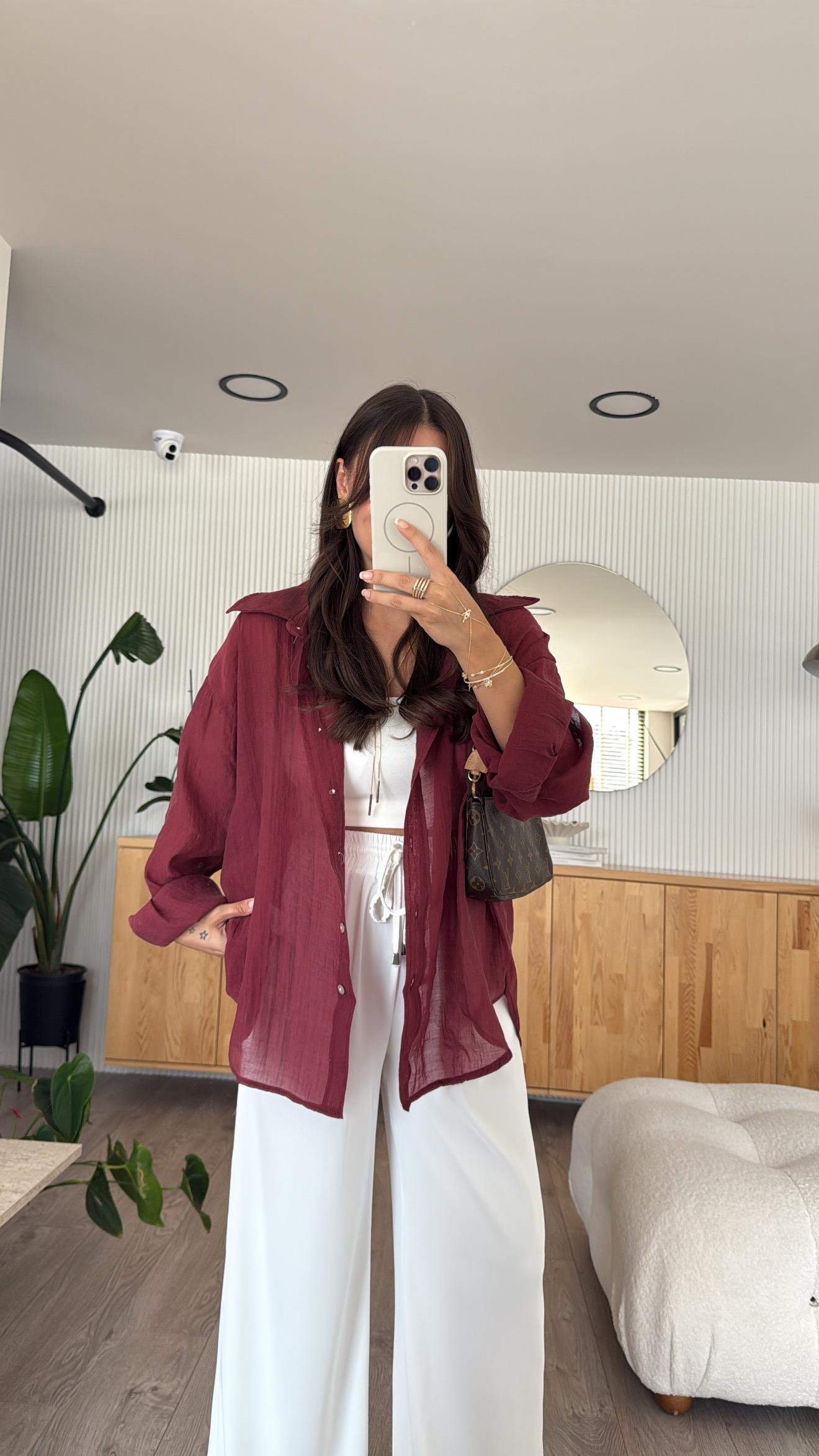 Bordo Transparan İpeksi Gömlek 