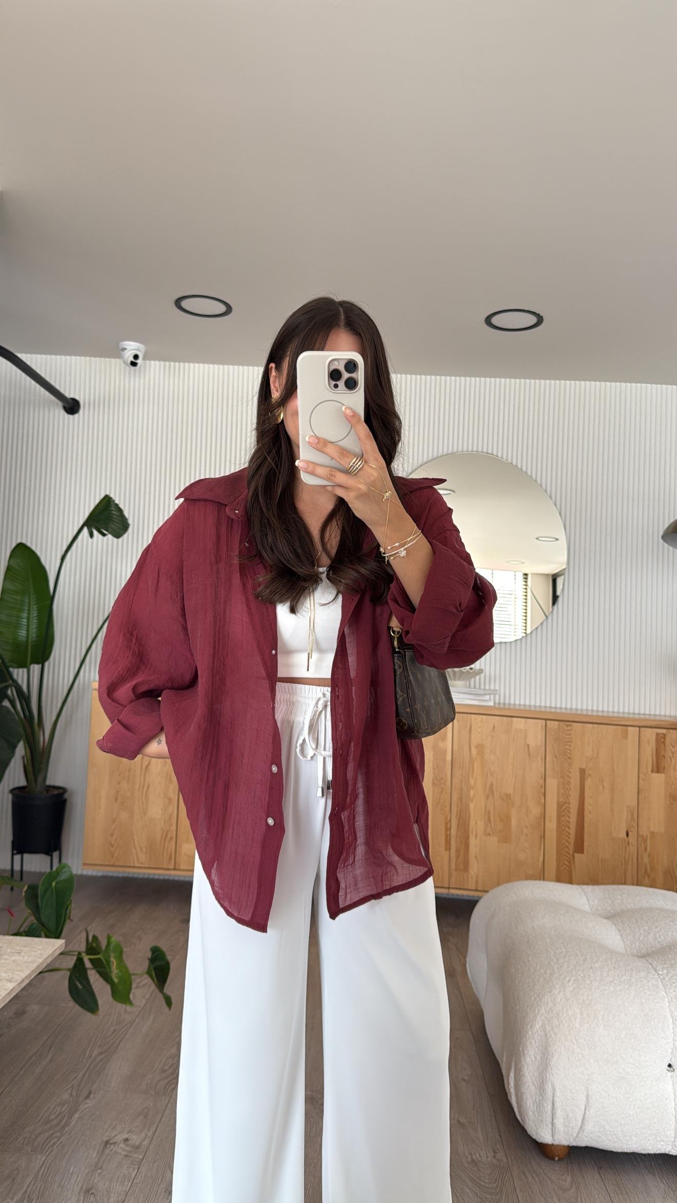 Bordo Transparan İpeksi Gömlek 