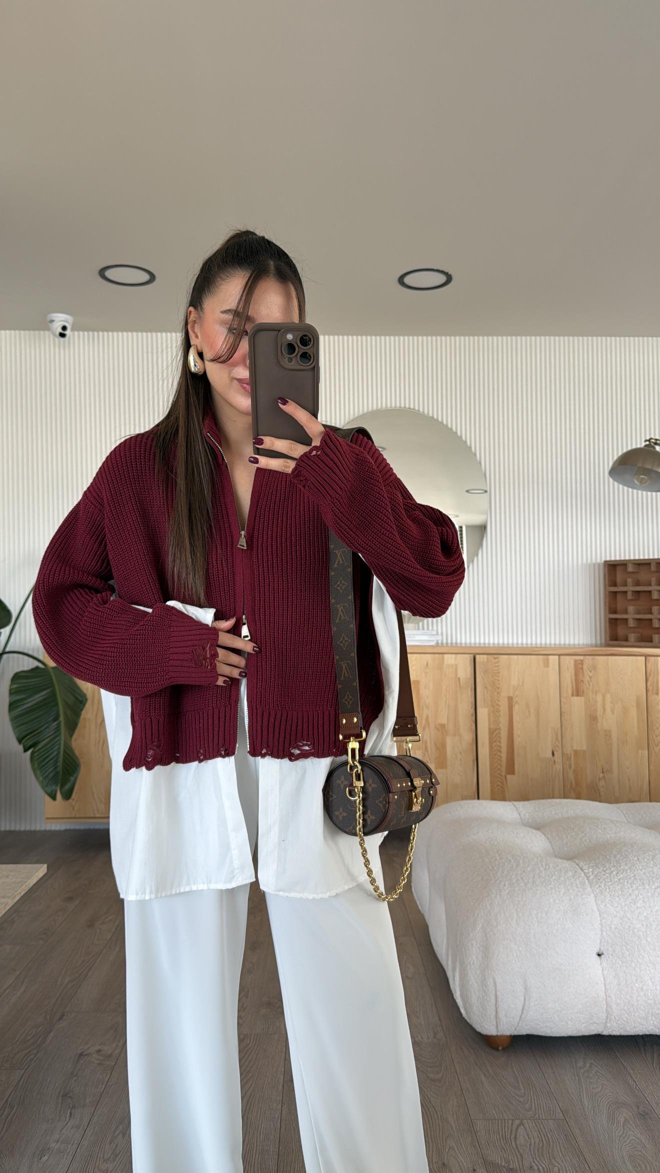 Bordo Triko Detaylı Ravi Gömlek Hırka