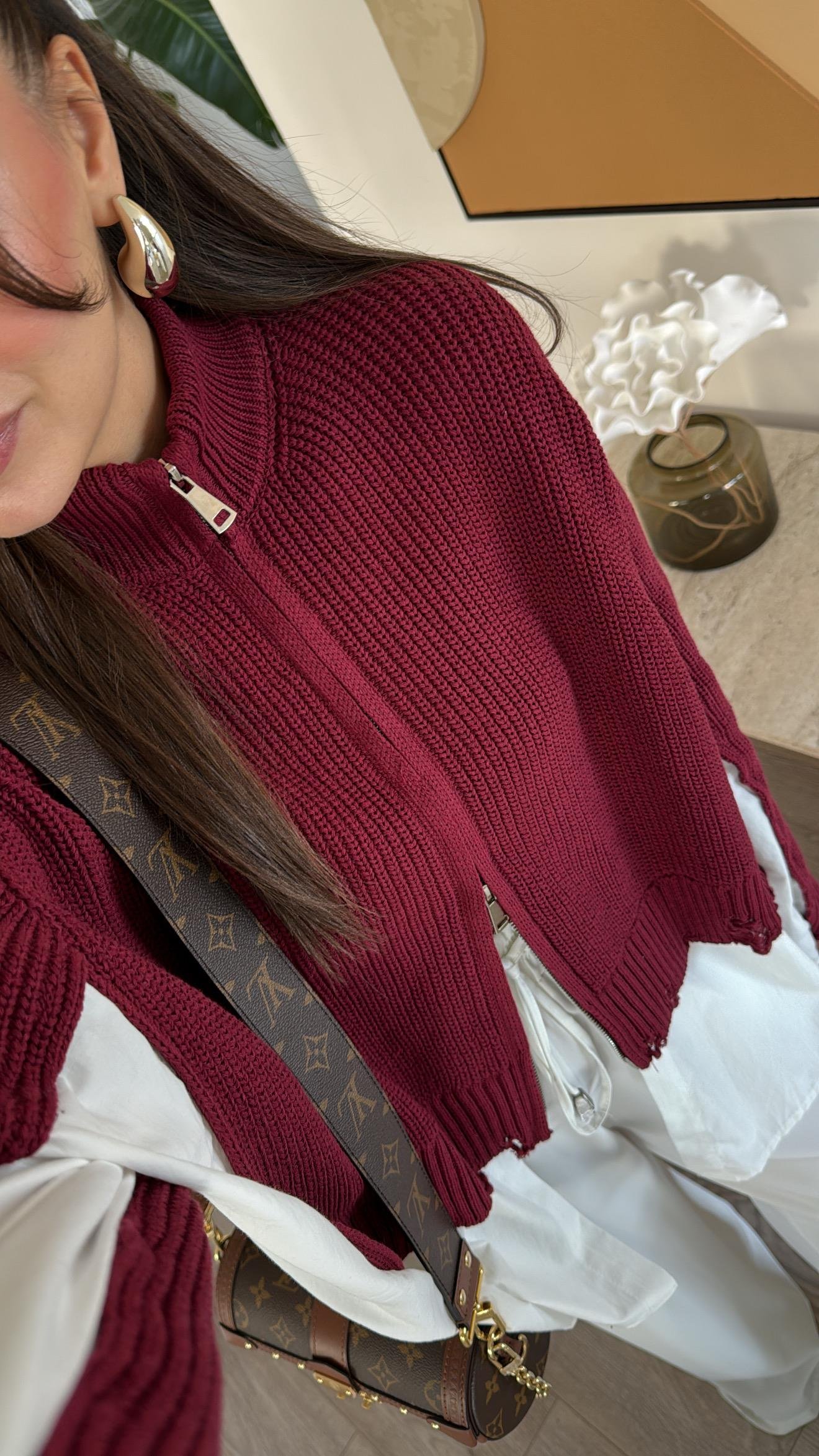 Bordo Triko Detaylı Ravi Gömlek Hırka